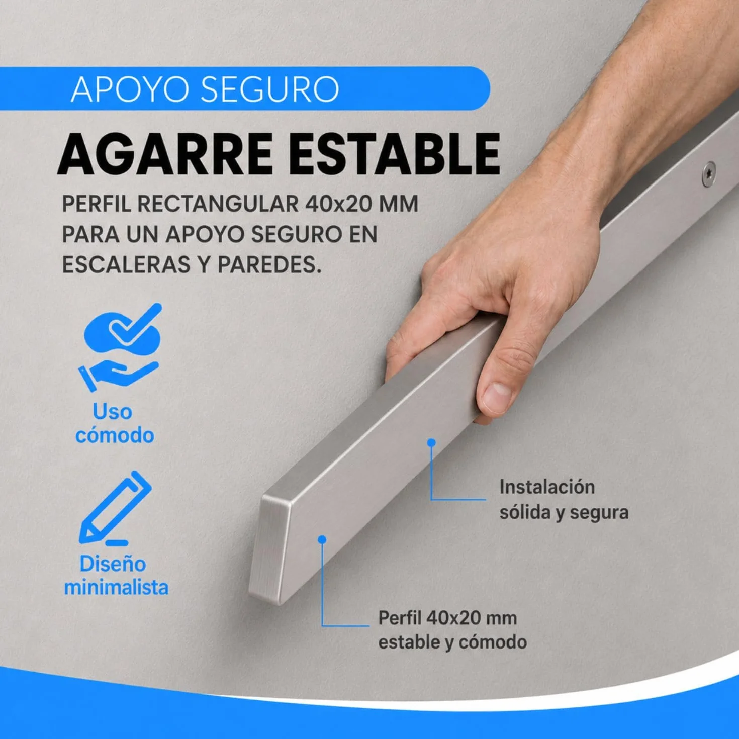 Pasamanos rectangular de acero inoxidable, 40 x 20 mm, gris