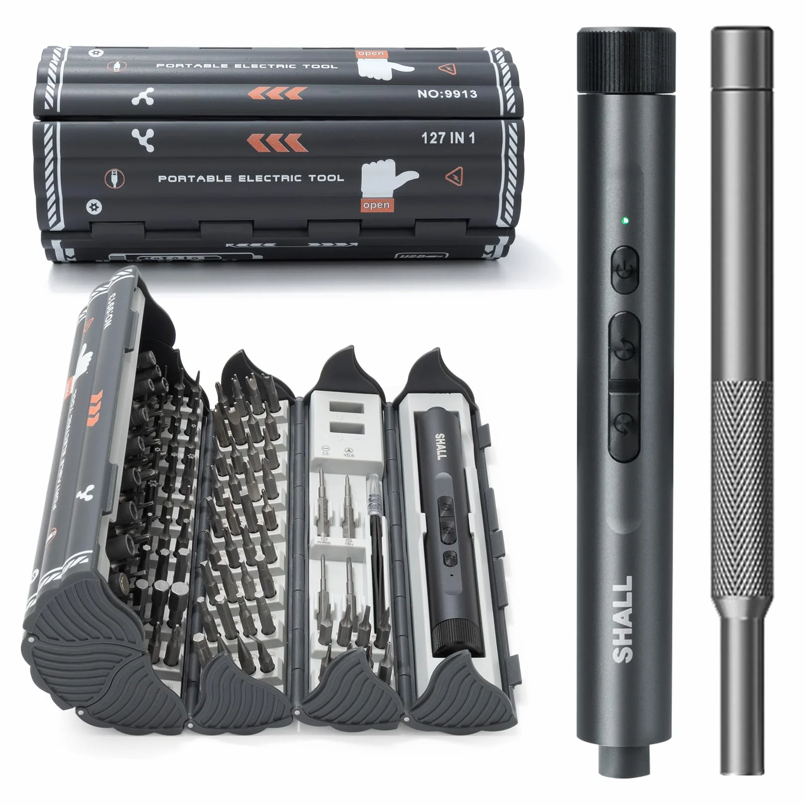 SHALL 127 piezas Mini-destornillador eléctrico-set, 120 piezas S2-bits con destornilladores eléctricos y manuales en estilo pin para computadoras portátiles, iPhones, gafas y electrónica