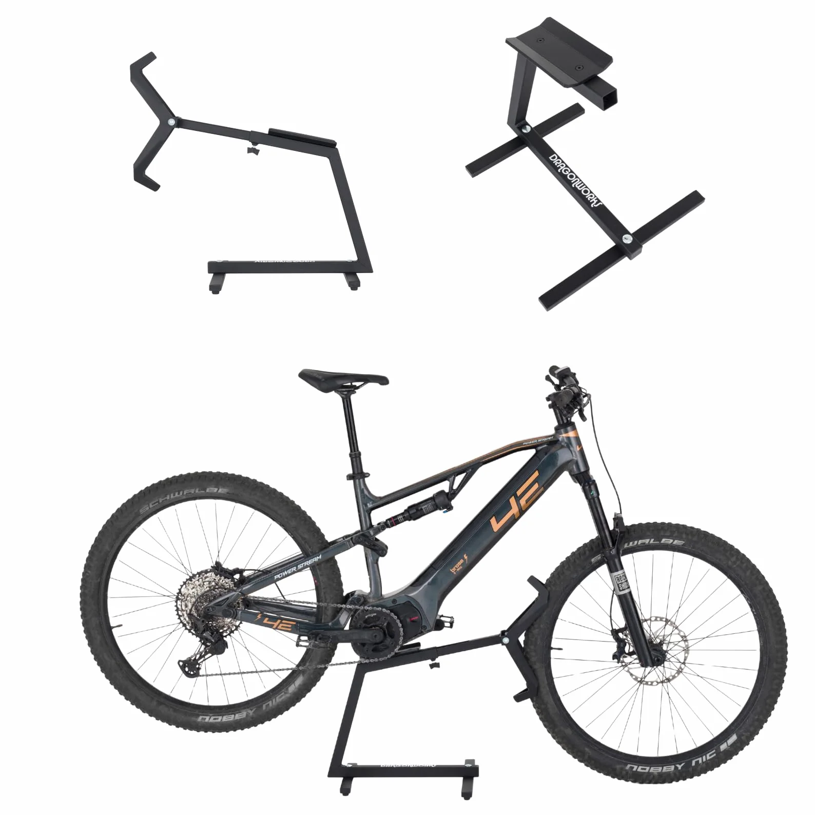 DRAGONWORKS MX Soporte Bicicleta Eléctrica - Soporte Bicicleta para MTB y E-Bike 27,5 - 29”, Rueda Trasera Giratoria para Mantenimiento y Limpieza, Capacidad 45 kg