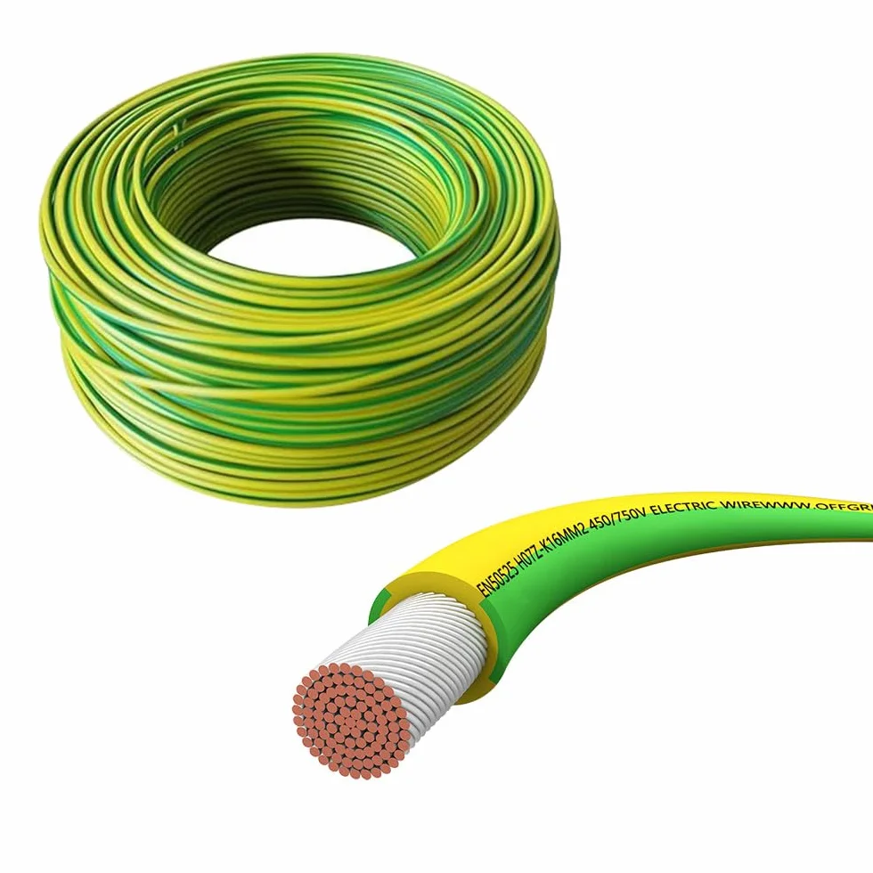 Offgridtec H07V-K - Cable de conexión a tierra (16 mm², 450/750 V, conductor de cobre fino, aislamiento XLPO y PVC, certificado HAR, instalación fija, alta flexibilidad (verde/amarillo, 15 m)