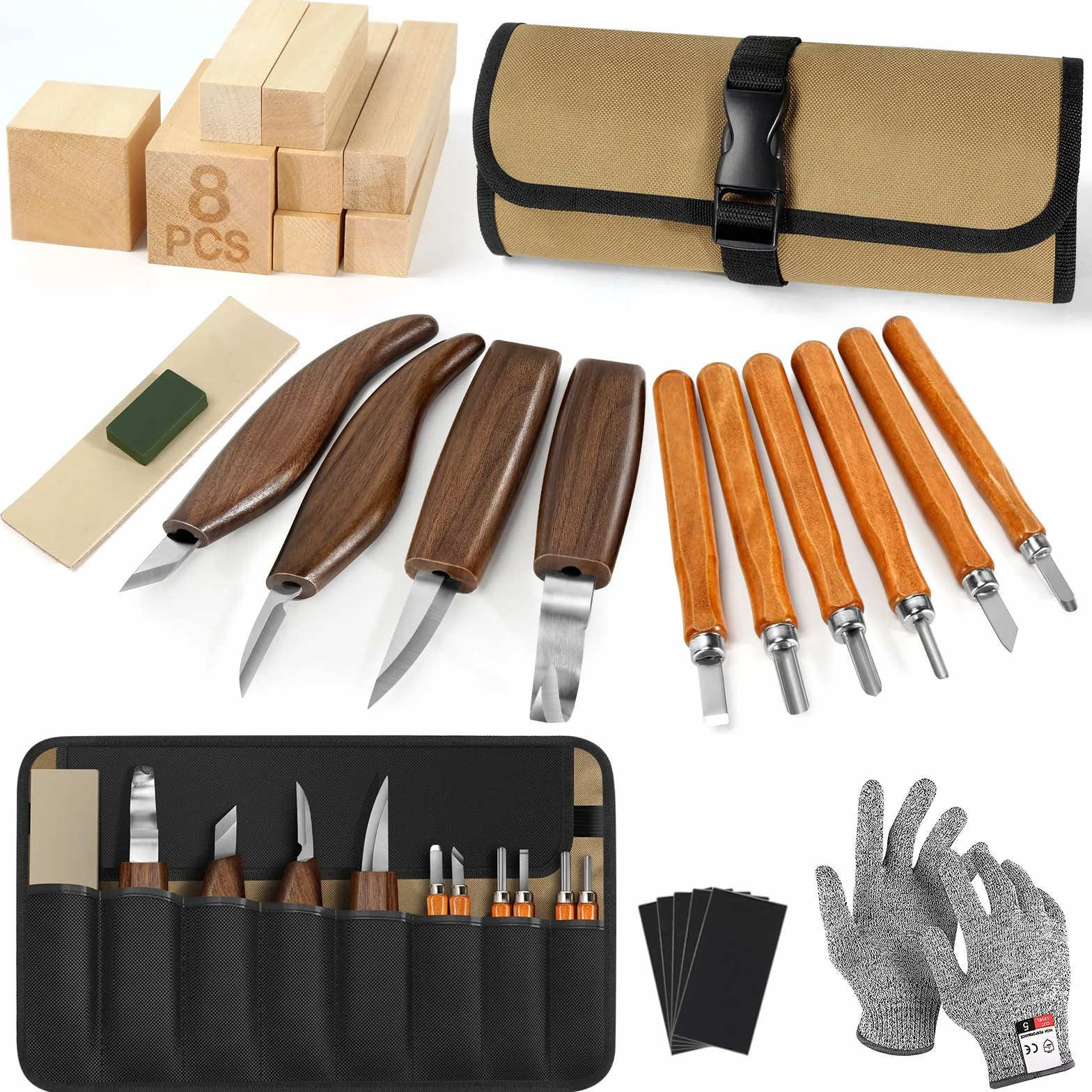 32 Pcs Juego de Tallar Madera con Estuche de Cuero, Cuchillos de Carpintería con Bloques de Tilo