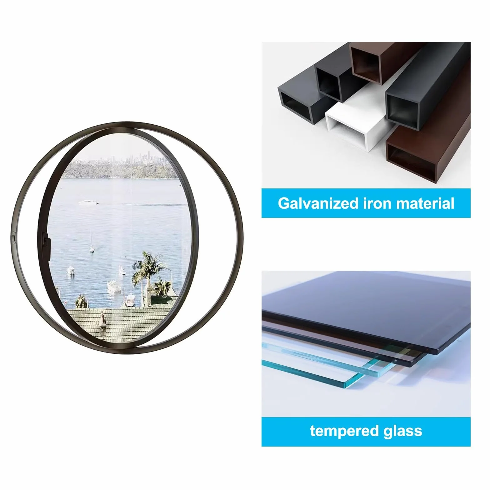 Ventanas de Ojo de Buey Redondas, Ventanas corredizas, Persianas Exterior, for baño, Dormitorio, Sala de Estar(Black,70x70cm/28x28in)