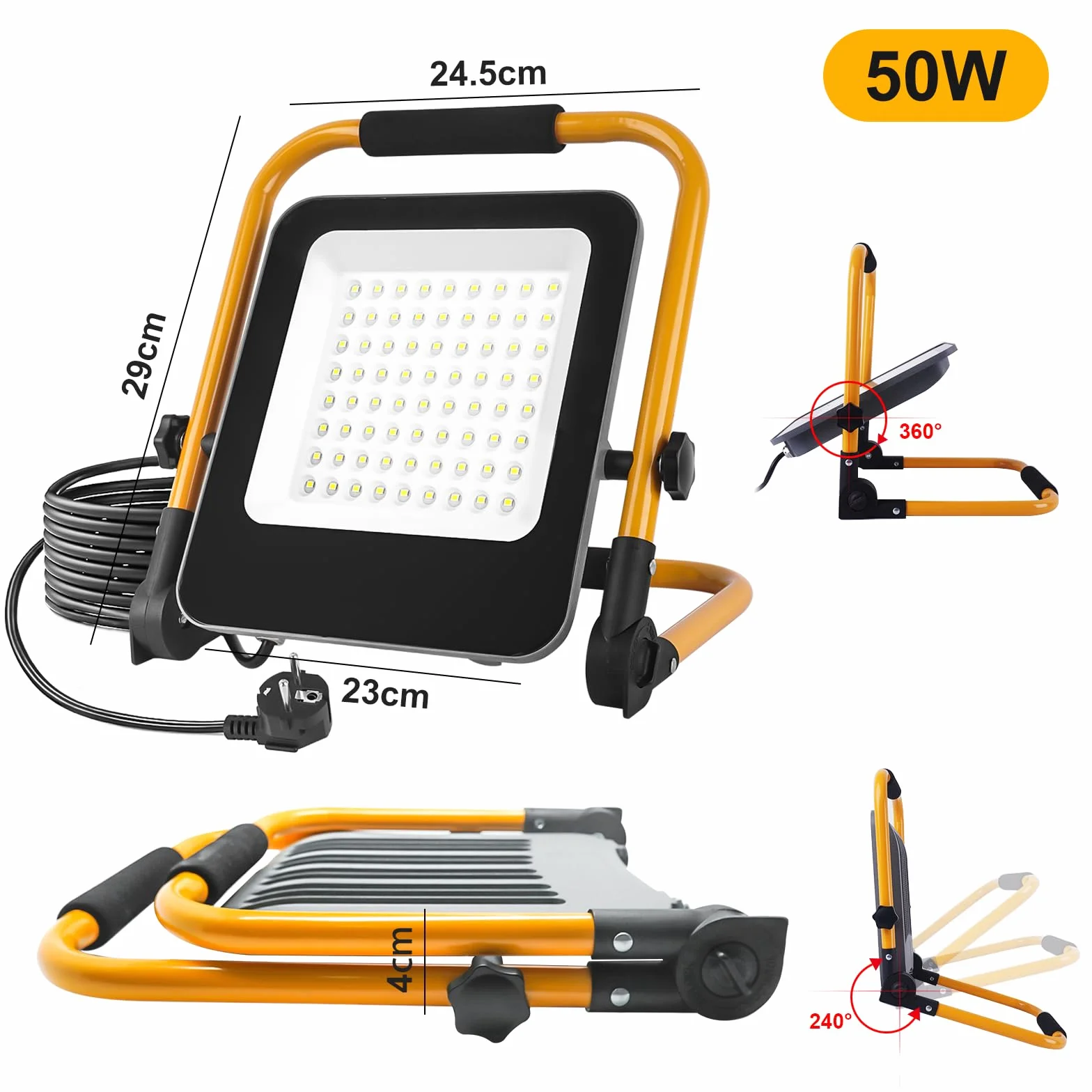 Foco de Trabajo LED 50W 6000K con Enchufe Europeo Portátil para Obra