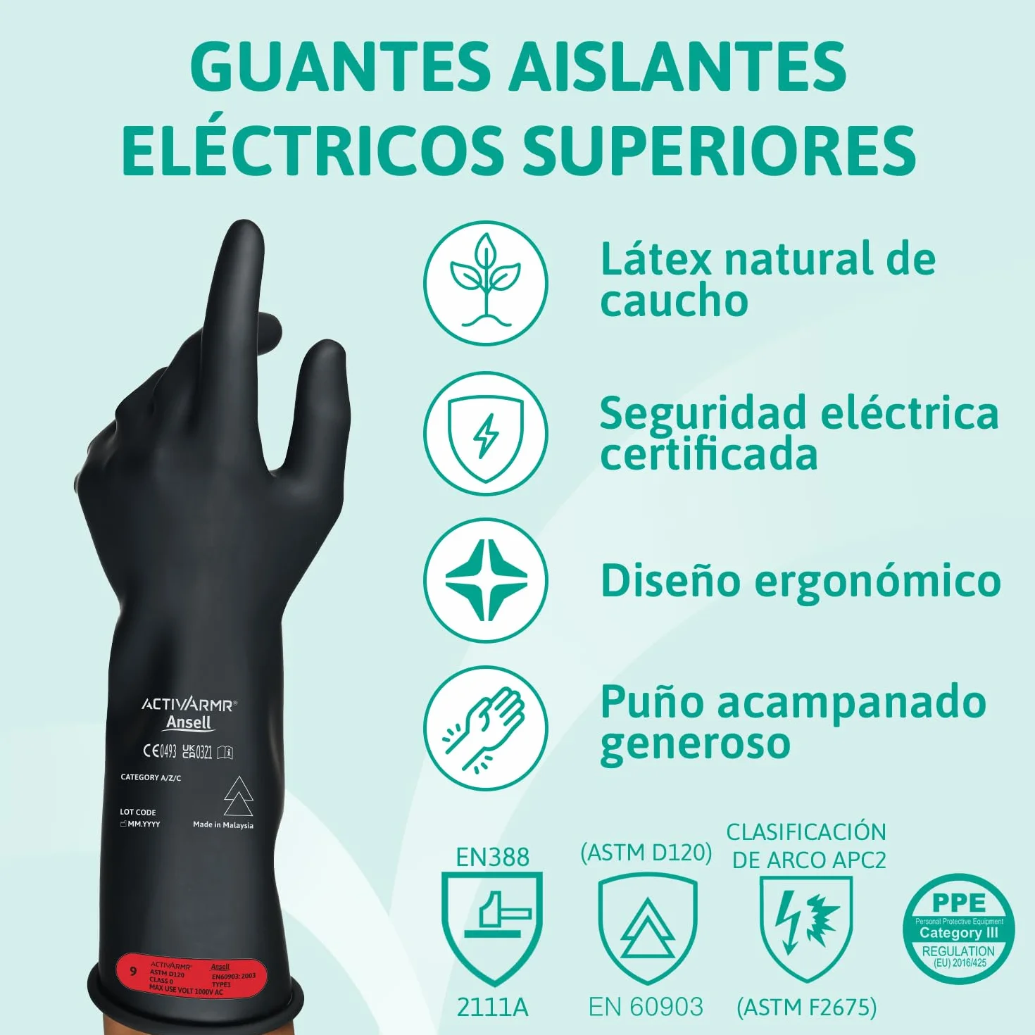 Ansell ActivArmr Guantes Aislantes Dieléctricos, Protección Eléctrica Class 0, Tensión 1000V, Trabajos con Electricidad, Látex de Caucho Natural, 36 cm, Negro, Talla XL, 1 Par