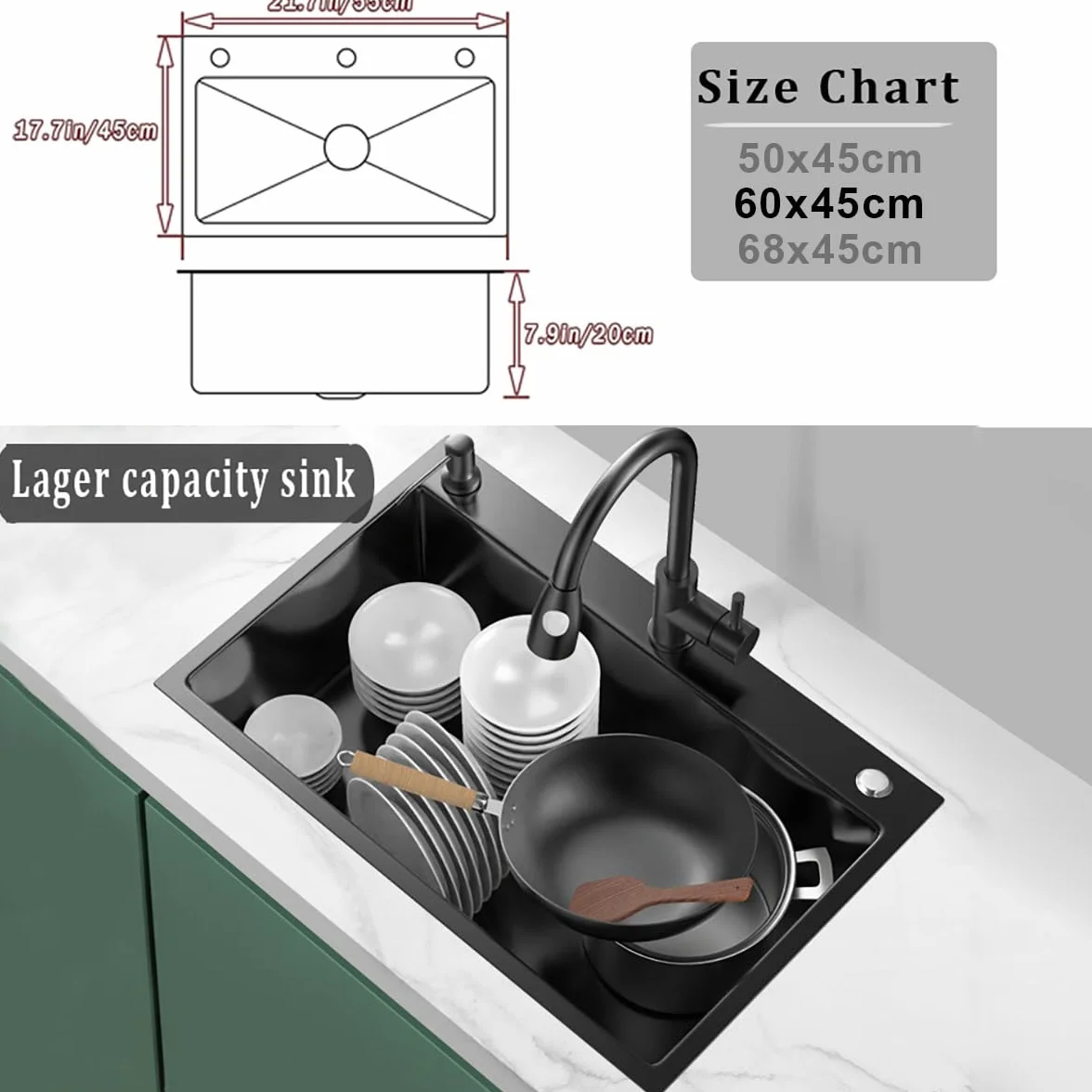 Fregadero Cocina Negro 50 x 45cm, Fregadero Cocina en Acero Inoxidable, Fregadero Bajo o Sobre Encimera Con grifo extraíble/dispensador de jabón/escurreplatos/grifo de agua purificada (Negro, 50x45cm)
