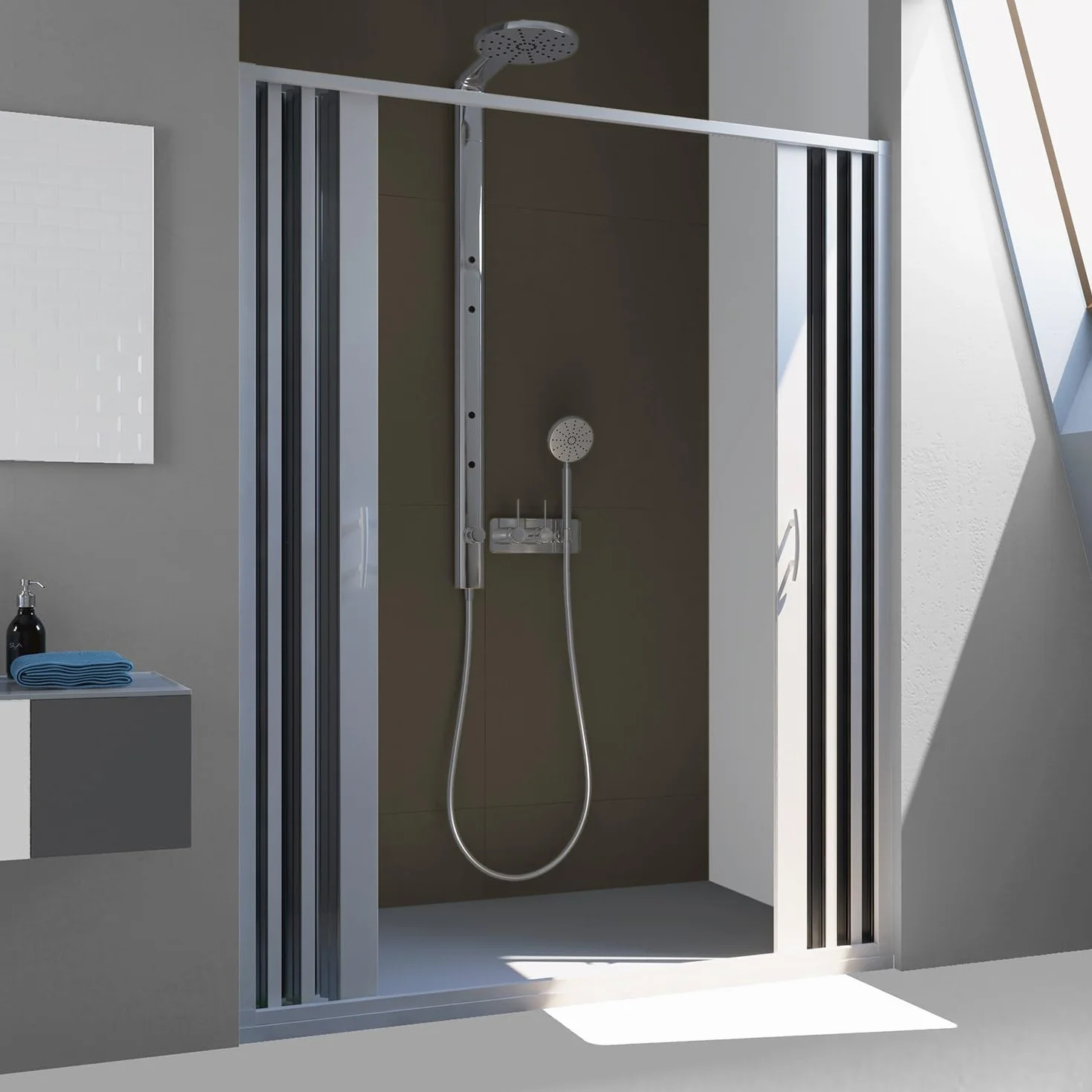 Forte Puerta de Ducha en PVC 150CM H185 Plegable con Apertura Central Color Blanco Mod. Flex