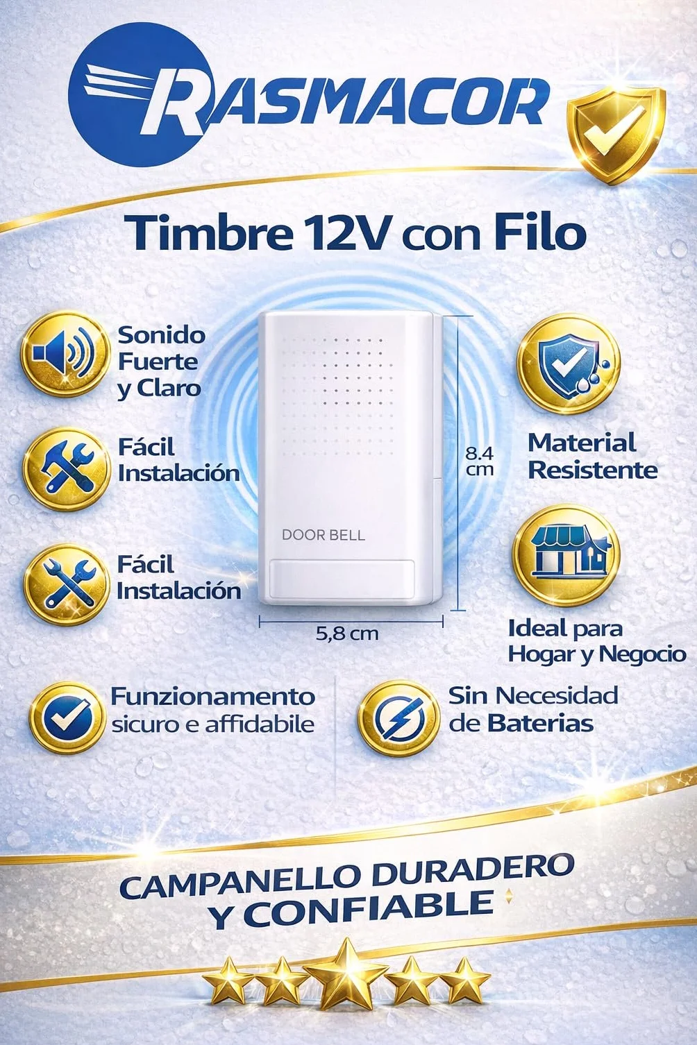 Timbre Eléctrico 12V Cableado para Puerta, Sonido Claro y Potente, Resistente Agua ABS, Hogar