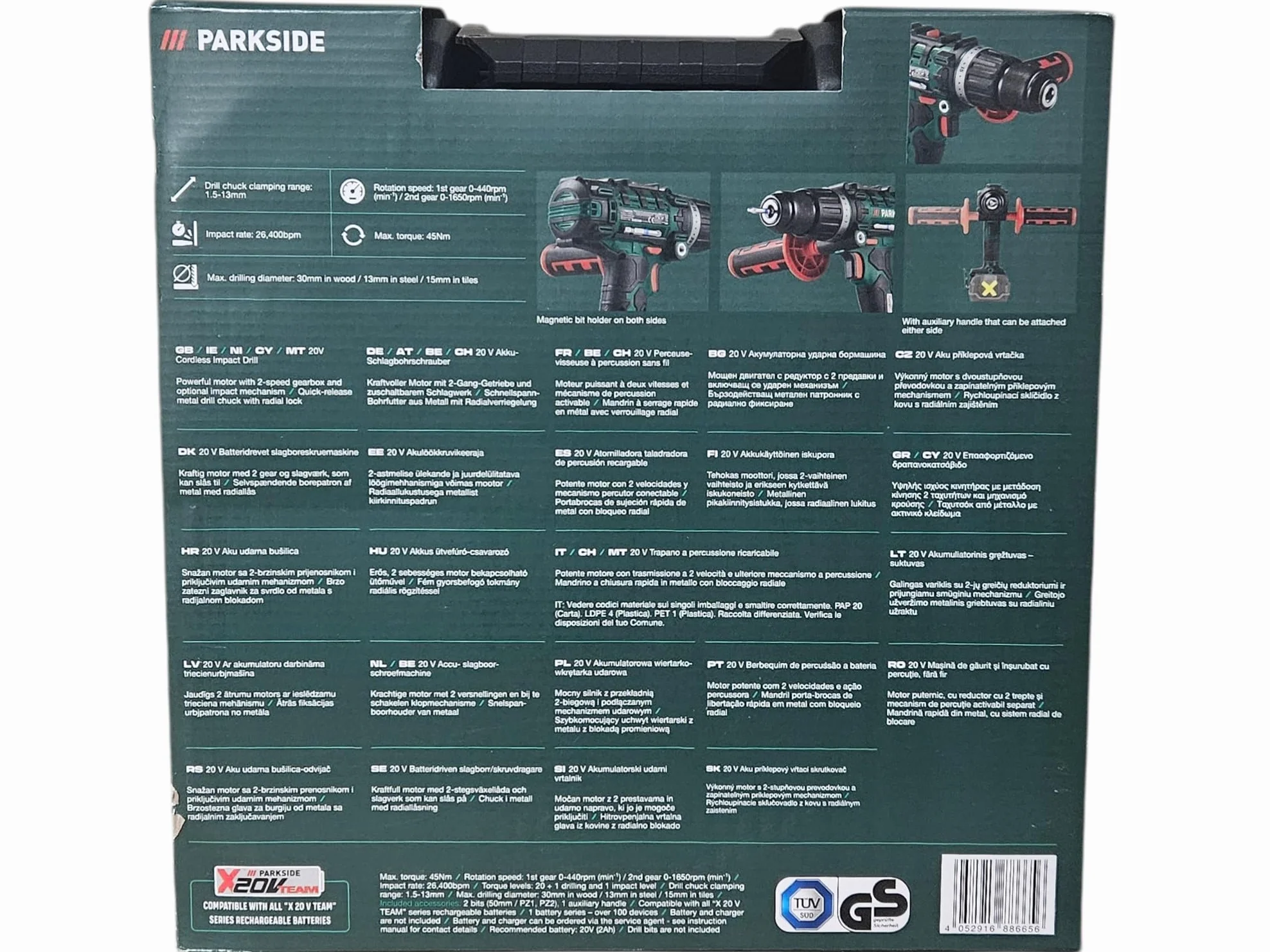 Parkside PSBSA 20-Li C3 - Taladro percutor inalámbrico (20 V, sin batería, sin cargador, sin juego de taladros)