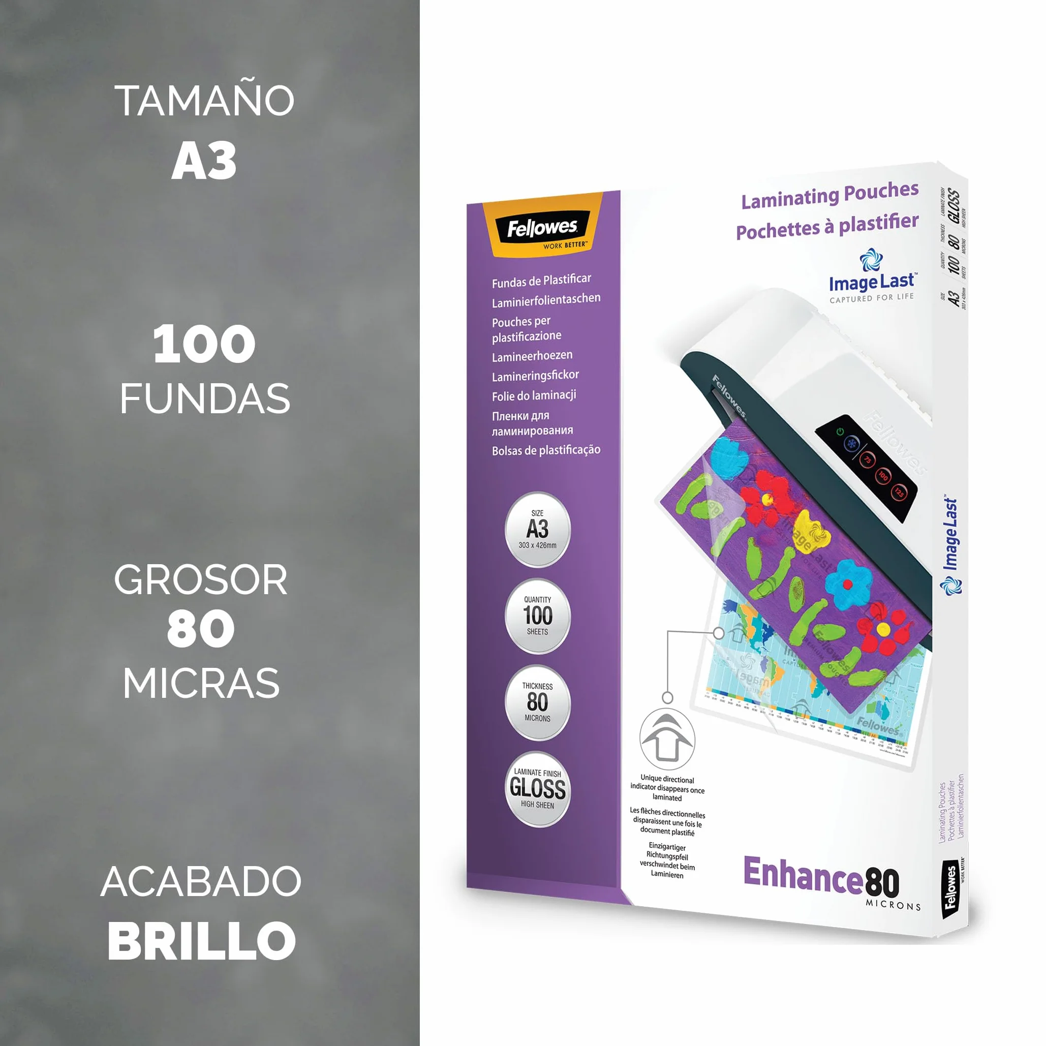 Fellowes pack 100 fundas plastificar A3 brillo 80 micras