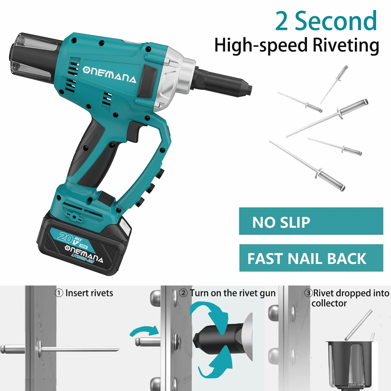 Pistola Remachadora Inalámbrica Batería, ONEMANA Pistola de Remache Eléctrica sin Escobillas 20000N 480RPM, Pistola de Tuerca de Remache Automático con LED（Remachadora Solo Cuerpo）