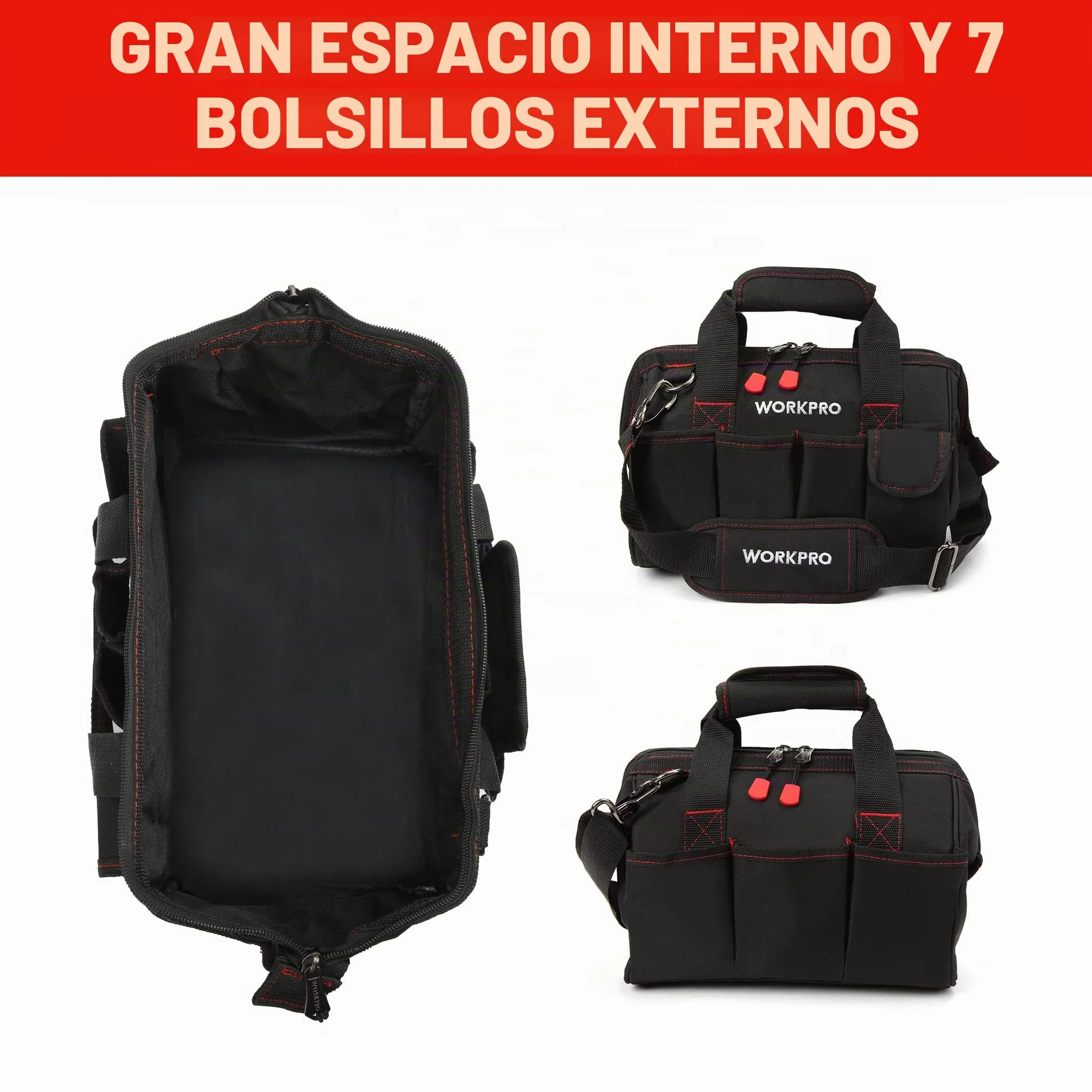 WORKPRO Bolsa de Herramientas 30 x 18 x 20 cm, Bolsa de Transportse Universal, 7 Bolsillos Exteriores, Amplia Apertura de Cremallera, Correa de Hombro Ajustable, para Almacenamiento de Herramientas