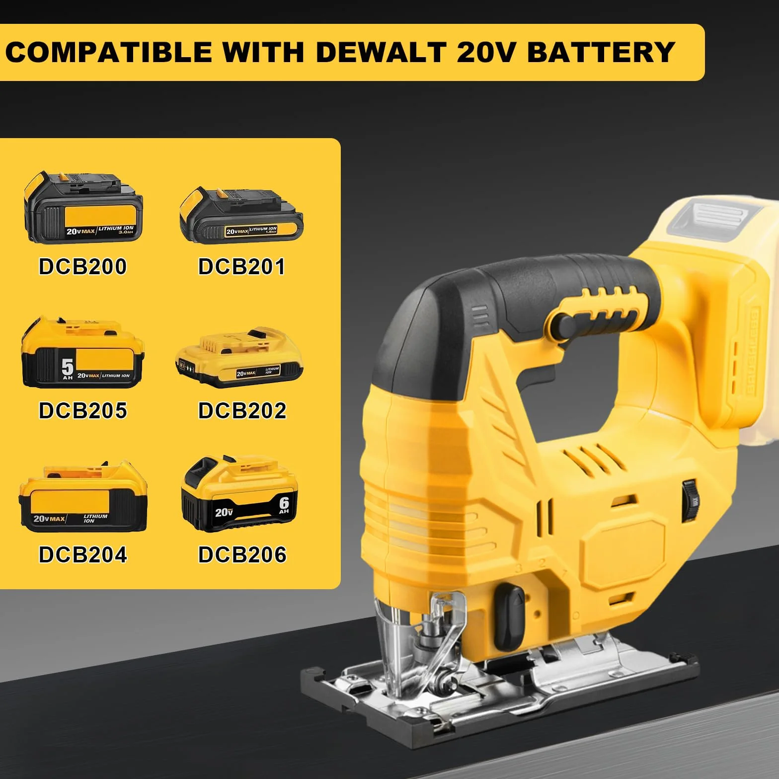 Sierra caladora inalámbrica compatible con batería Dewalt de 20 V, sierra caladora sin escobillas con 6 cuchillas, 4 juegos orbitales para corte de madera, plástico y metal (solo herramienta, sin