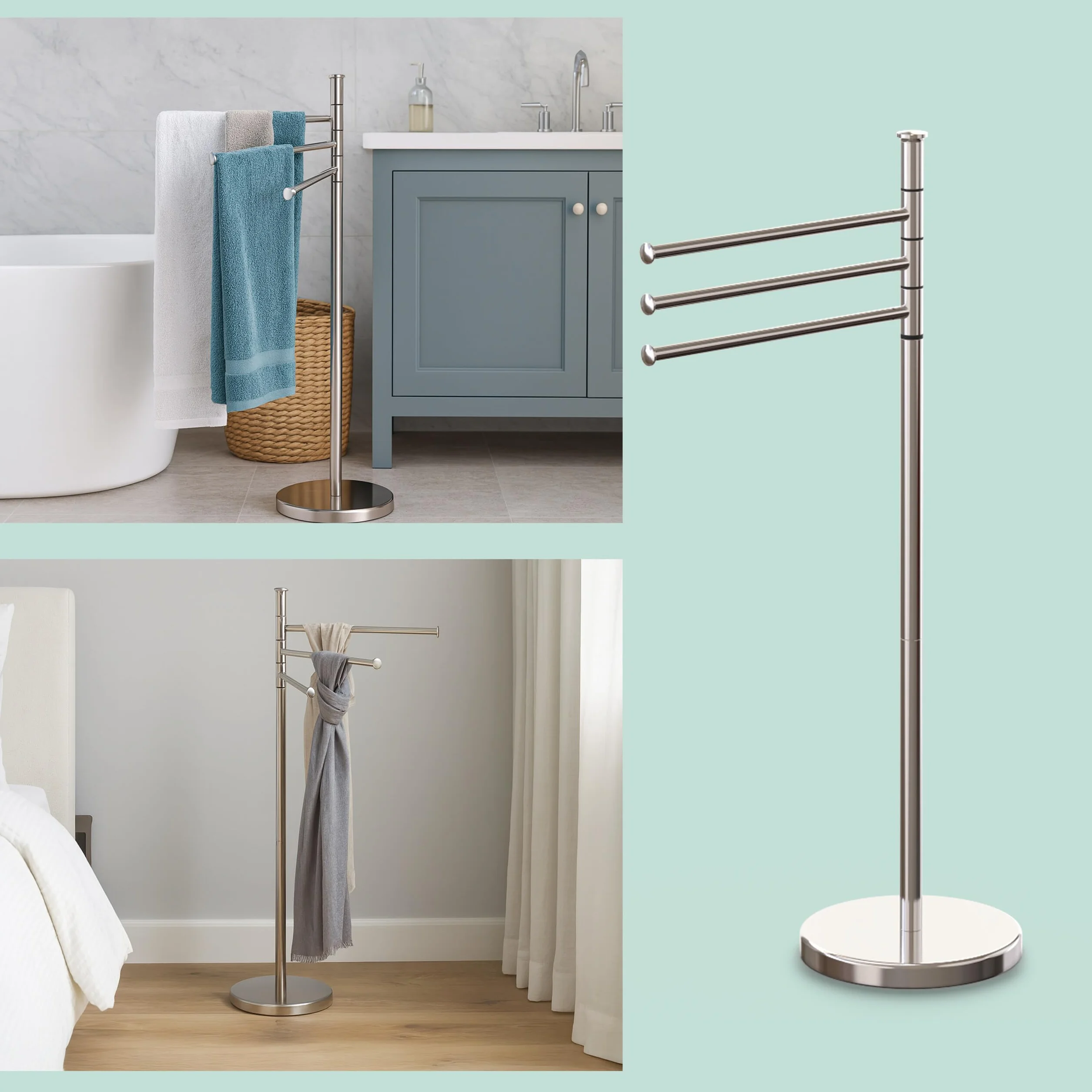 Relaxdays Toallero de Pie, 3 Brazos Giratorios, 85,5x42x22 cm, Soporte Toallas, Acero Inoxidable, Baño, Color a Elegir
