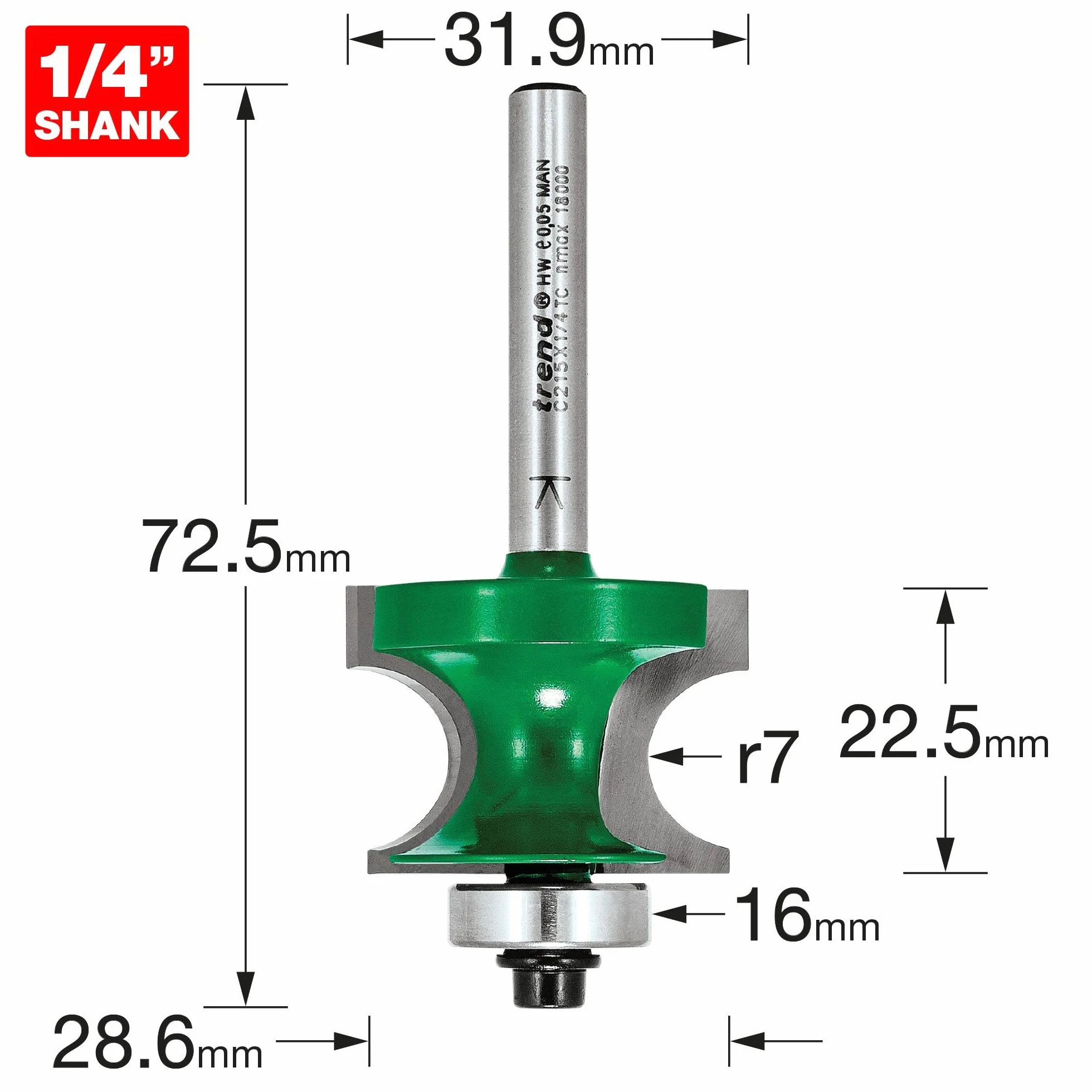 Trend CraftPro Fresa guiada por rodamiento para moldura de esquina, 1/4” | Perfilado preciso de bagueta de esquina: Ø31,9 mm, L22,5 mm, R7 mm, metal duro TCT, C215X1/4TC