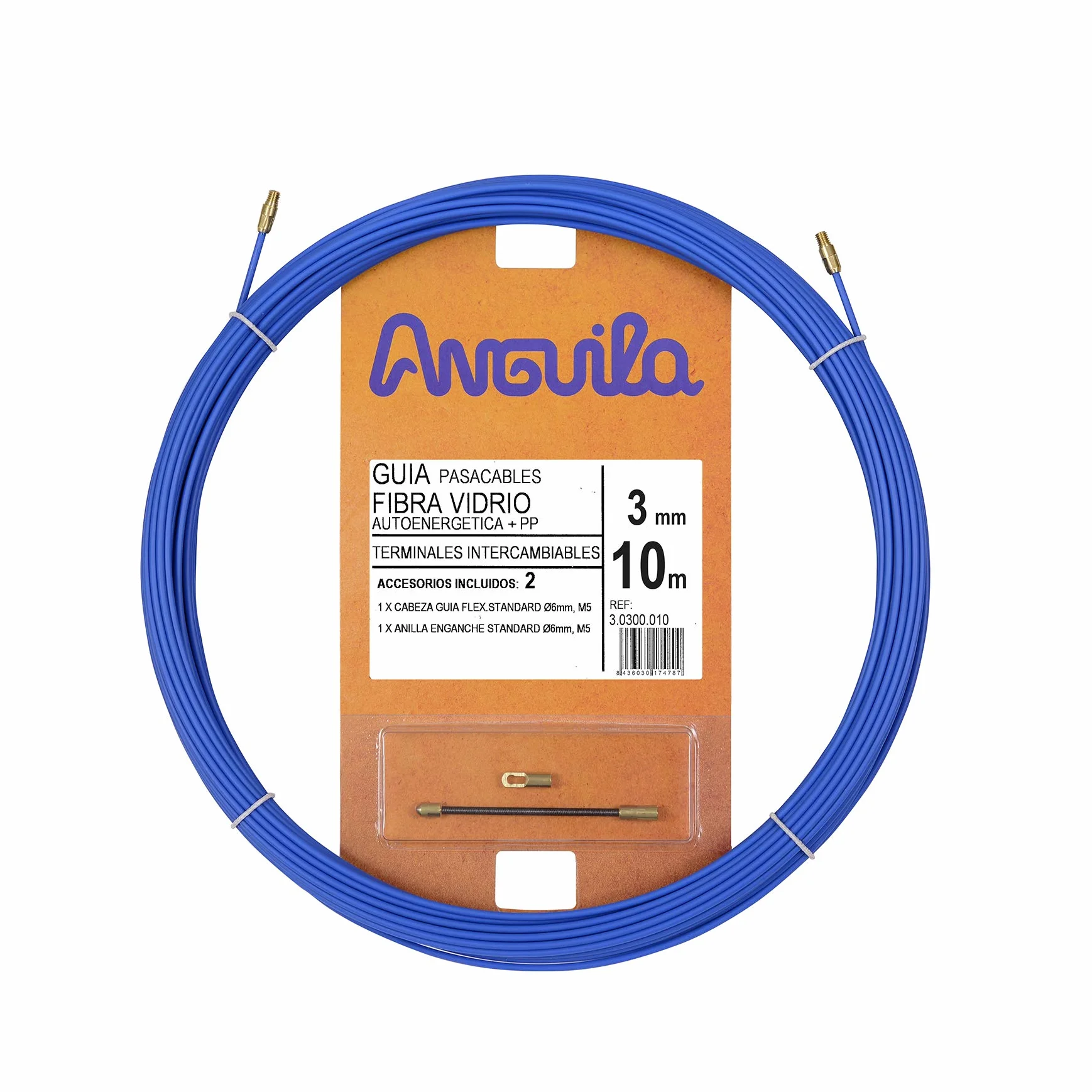 Anguila | Guía Pasacables | Fibra de Vidrio Reforzada + Propileno | Terminales Intercambiables | Color Azul | Diámetro 3mm | 10 Metros