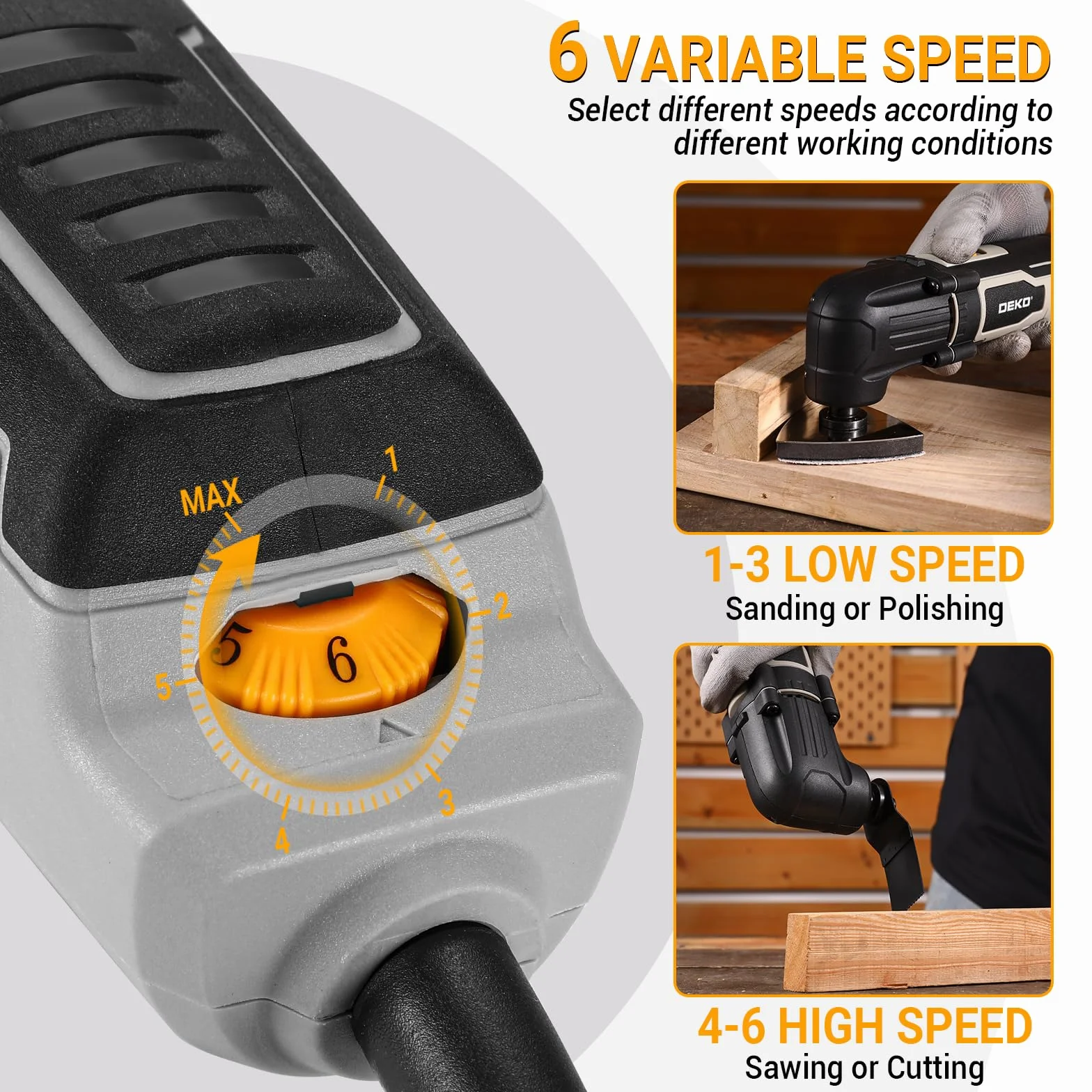 DEKOPRO Multitool Oscilante de 300W, 3000-22 000 rpm, Multitool Eléctrico con Cable, Control de 6 Velocidades, Incluye 10 Hojas de Lija, Apto para Madera y Metal