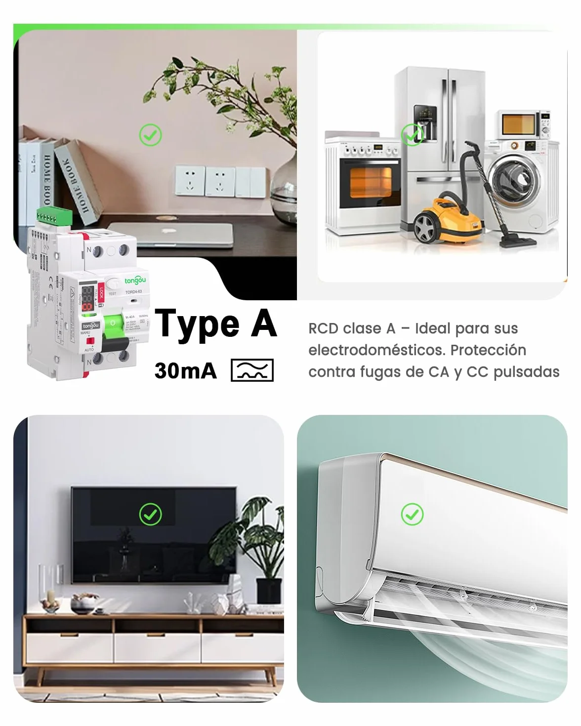 TONGOU Diferencial Auto Rearmable, Diferencial 40A 30mA, Tipo A 1P+N 230V, Diferencial Superinmunizado Rearmable, Aplicable a Viviendas Familiares, Edificios Comerciales Pequeños, etc