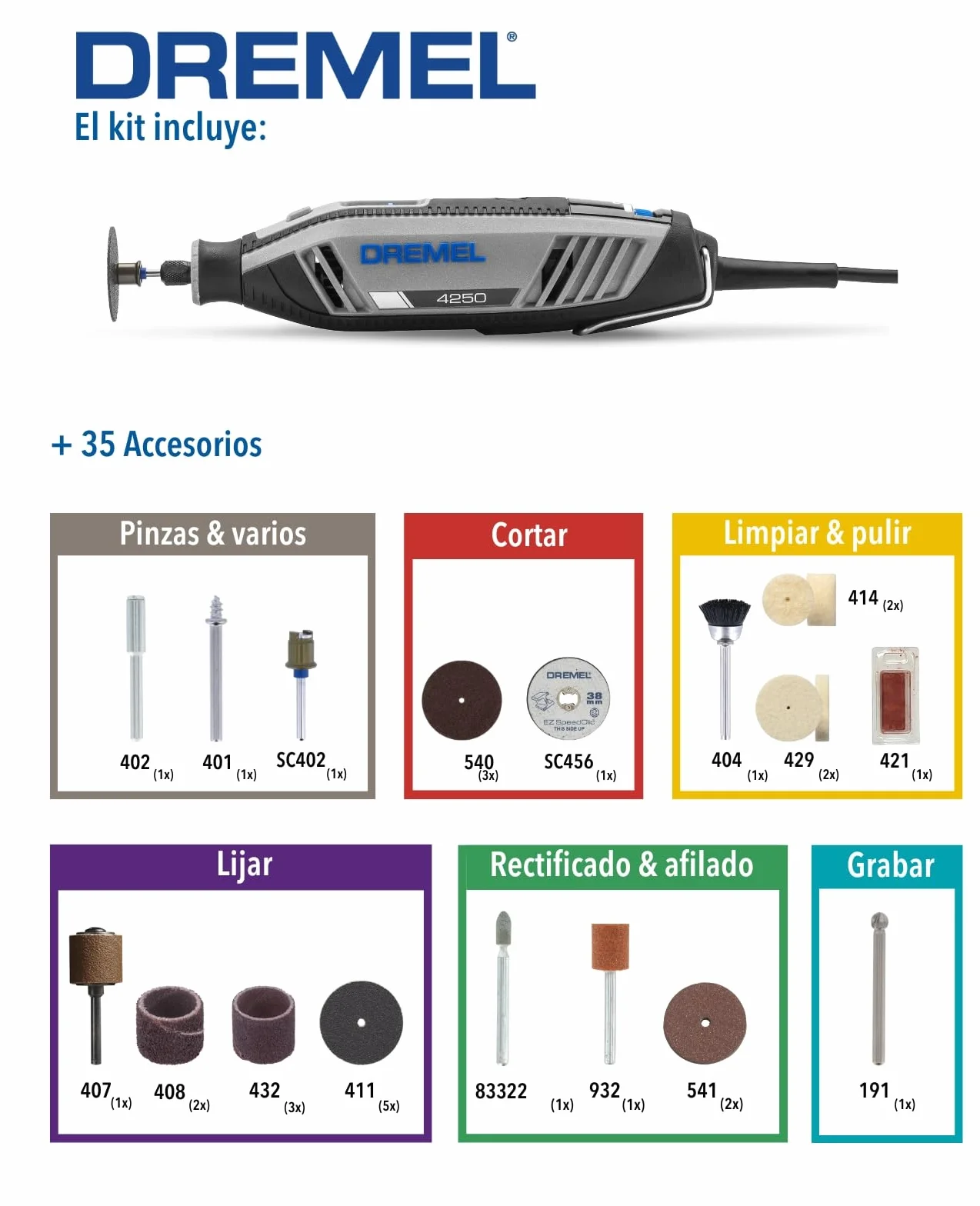Dremel 4250 Herramienta rotativa 175 W kit con 35 accesorios velocidad variable 5000-35000 rpm