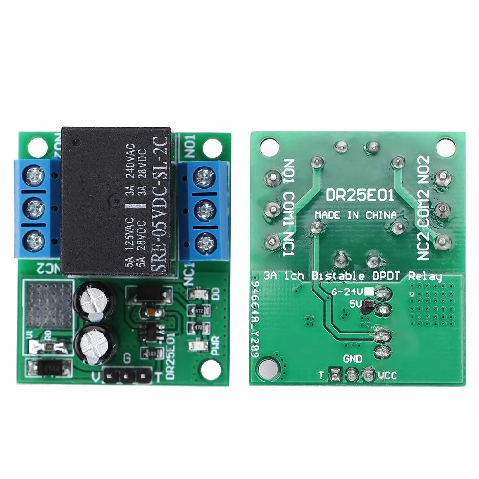 Módulo Relé Biestable DPDT 5V 12V DC con Control Pulso Bajo y LED Indicador para Automoción y Computadoras 39.5x33.3x23.3mm