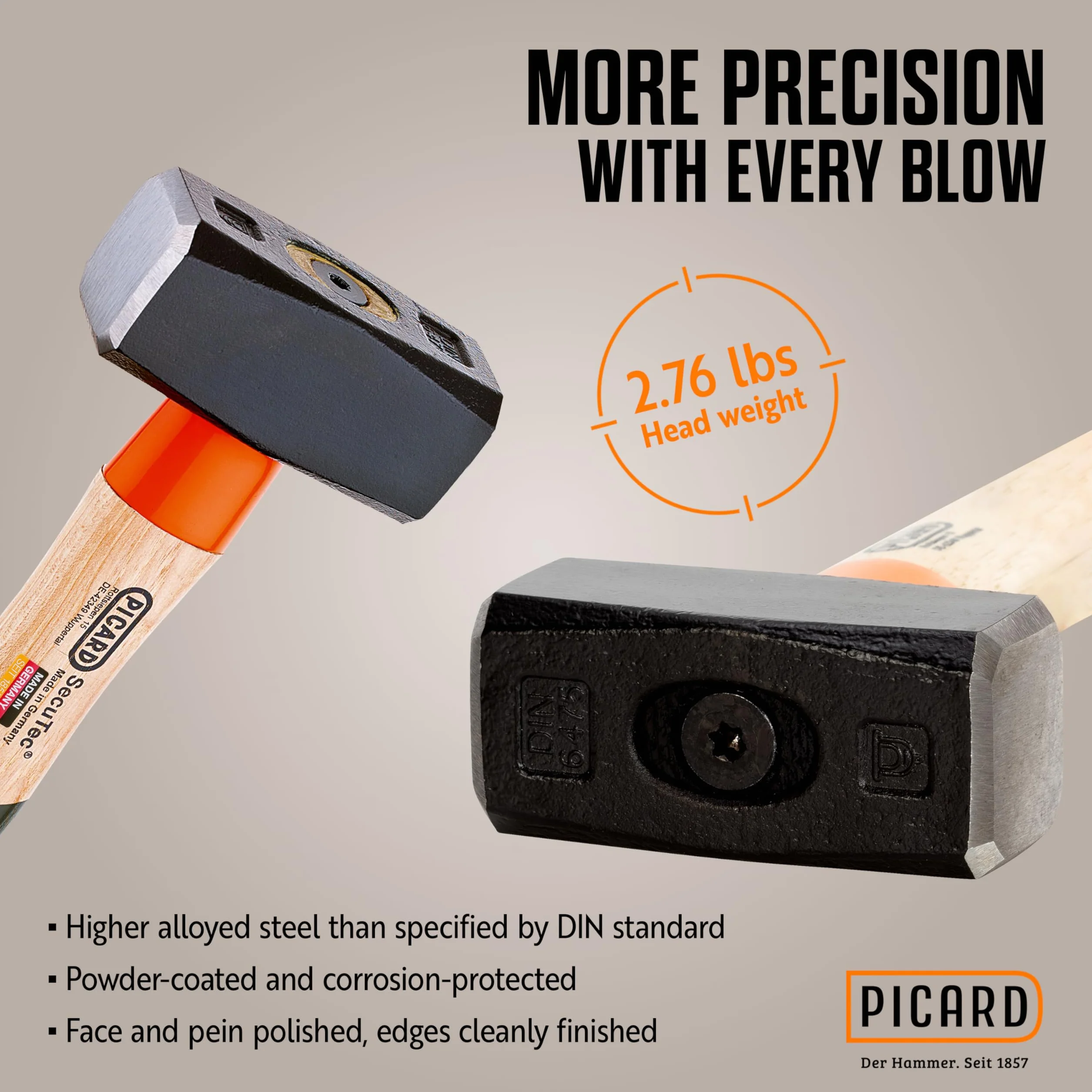 PICARD Martillo SecuTec® Nr. 43 HS 1.250 g | Martillo de seguridad profesional con sistema SecuTec® | Hammer y martelo de acero especial endurecido | Martillos para uso industrial y maceta
