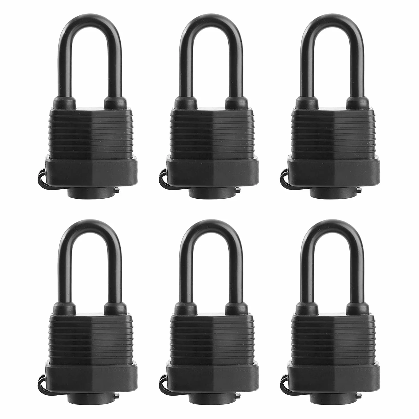 SafiSwords Candados impermeables con llave igual para uso en exteriores, cerradura de acero laminado resistente cubierta, 1-9/16 pulgadas. Candado ancho y largo, paquete de 6