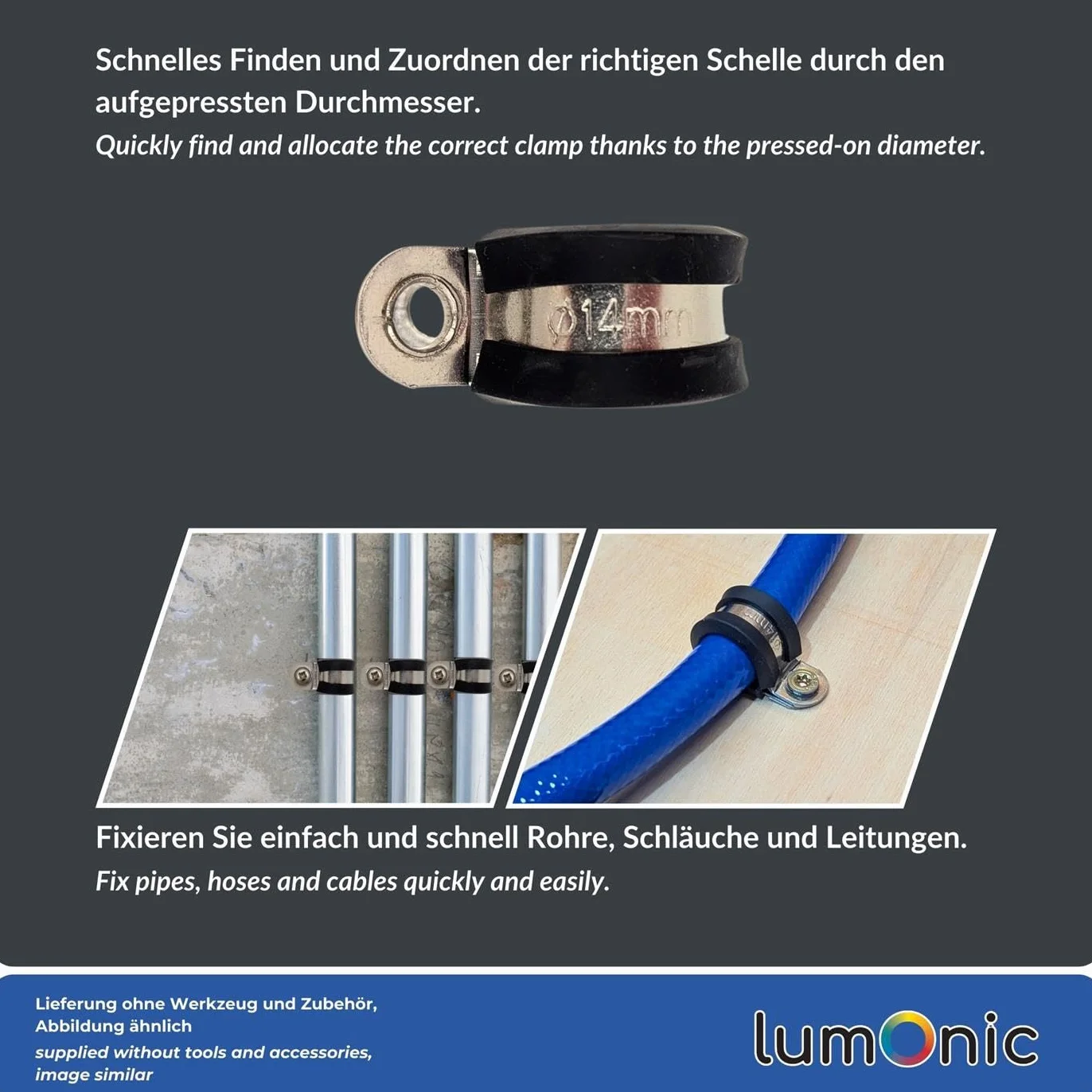Lumonic 5x 5mm abrazaderas de tubo con inserto de goma acero inoxidable V2A I abrazaderas de cable para atornillar I abrazadera de manguera 5mm, abrazadera de fijación 5mm, soporte de tubo