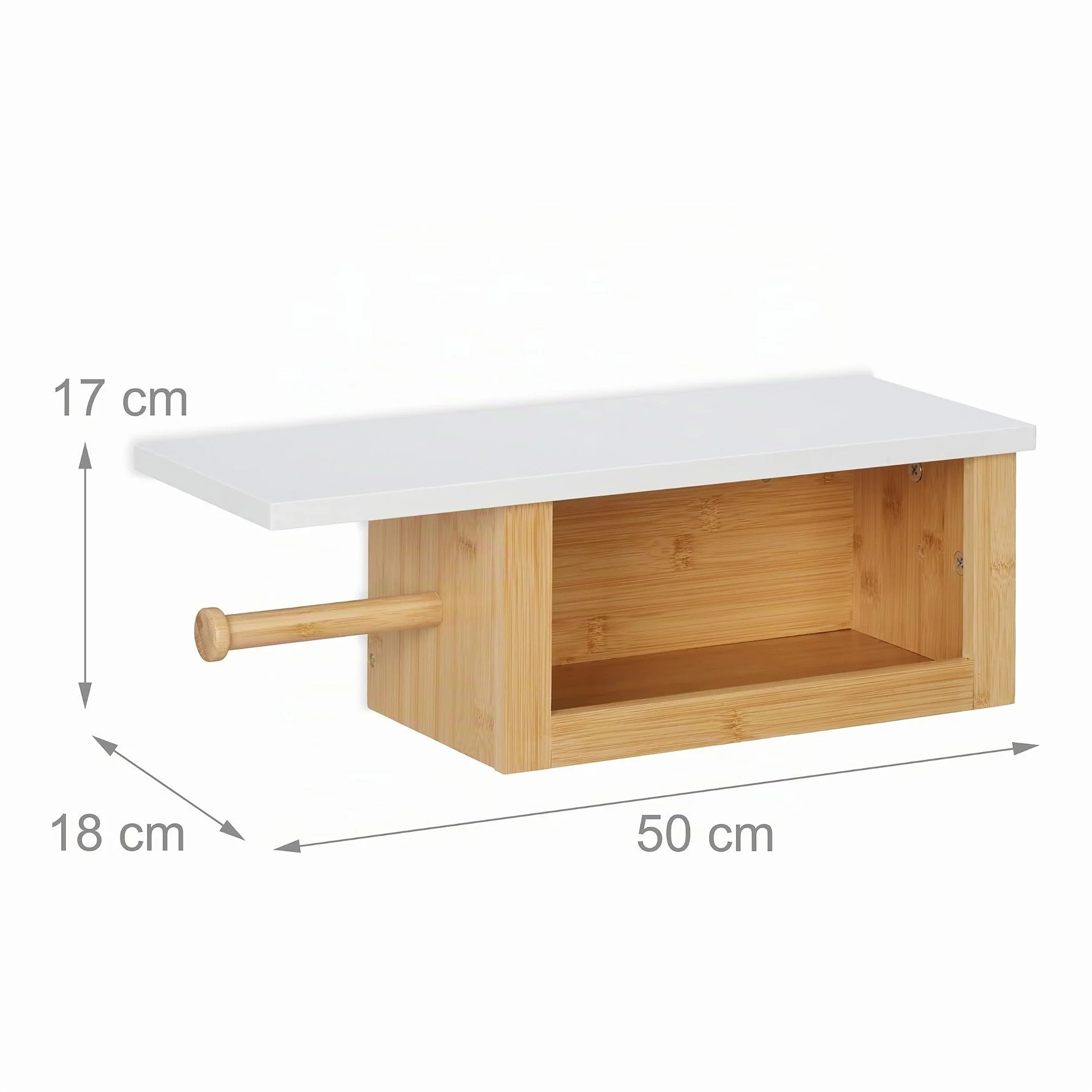 Relaxdays Portarrollos Baño Repisa, Dispensador Rollo Bambú, Compartimento Abierto, 17x50x18 cm, Pared, Natural y Blanco