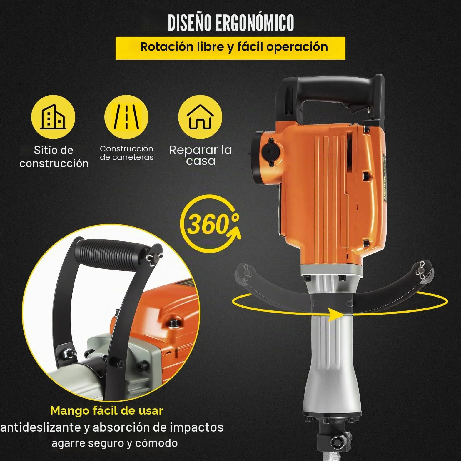 VEVOR Martillo demoledor eléctrico 1500 W 65 A Martillo demoledor con mango ergonómico giratorio a 360° para hormigón, ladrillos, estucos de azulejos, eliminación de cimientos de viviendas