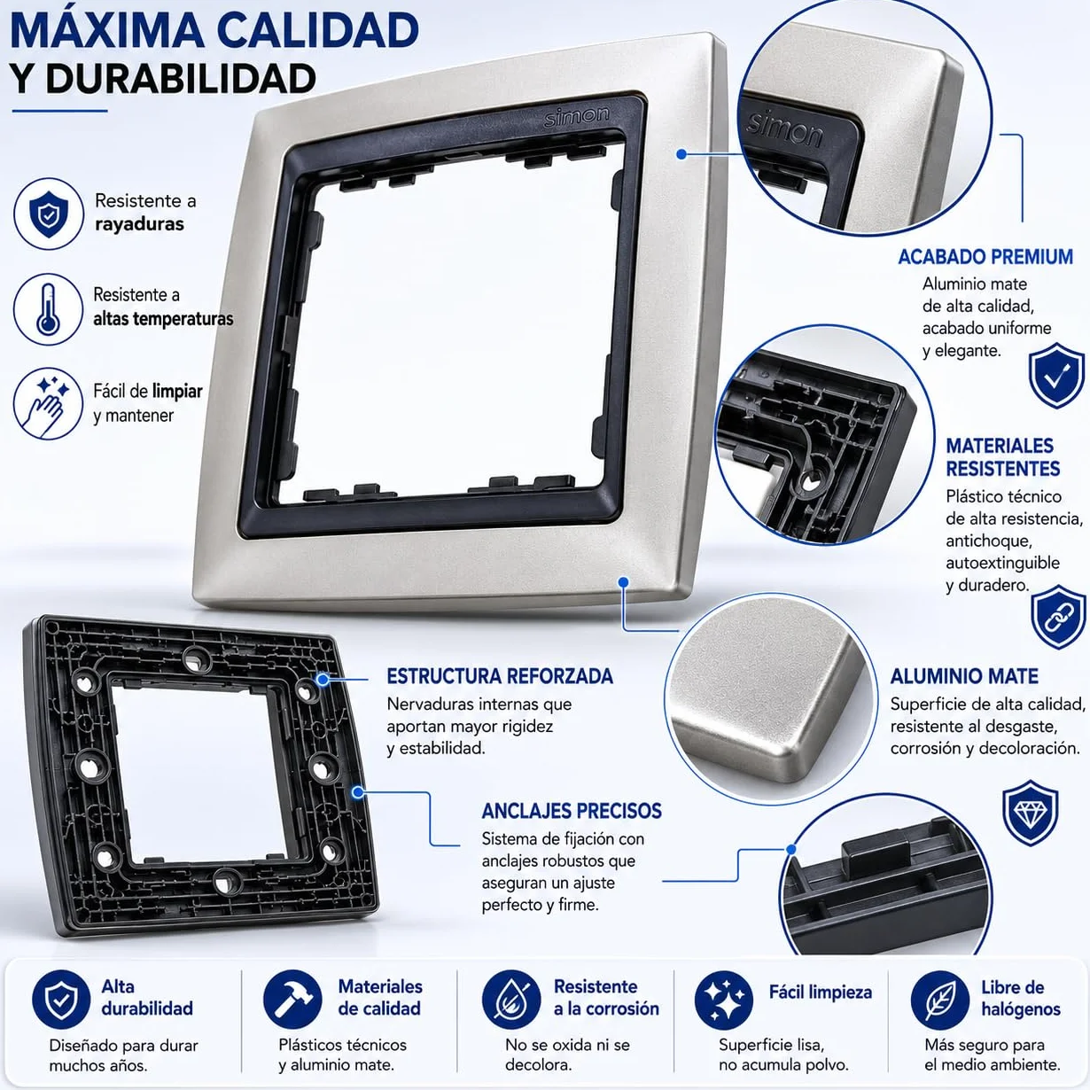 CABLEPELADO Marco compacto para 1 elementos Simon 82 | Marco de 1 elementos y bastidores | ‎82814-33 | Apto para superficie y empotrar | Dimensiones: 89x87 mm | Color Aluminio mate