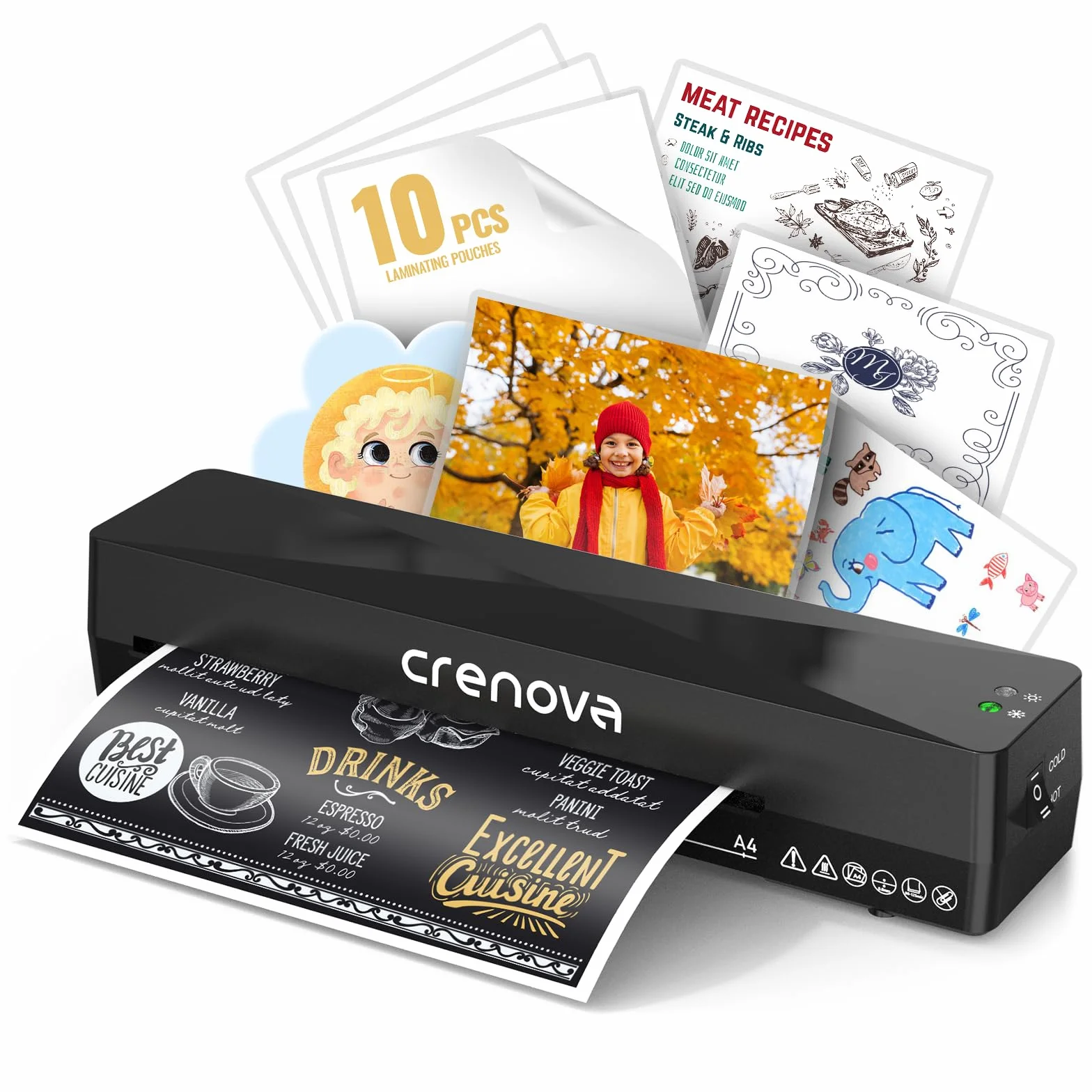 Crenova Plastificadora A4 en Caliente y Frío con 10 Fundas, Sin Burbujas, Ideal para Hogar y Oficina (Negra)