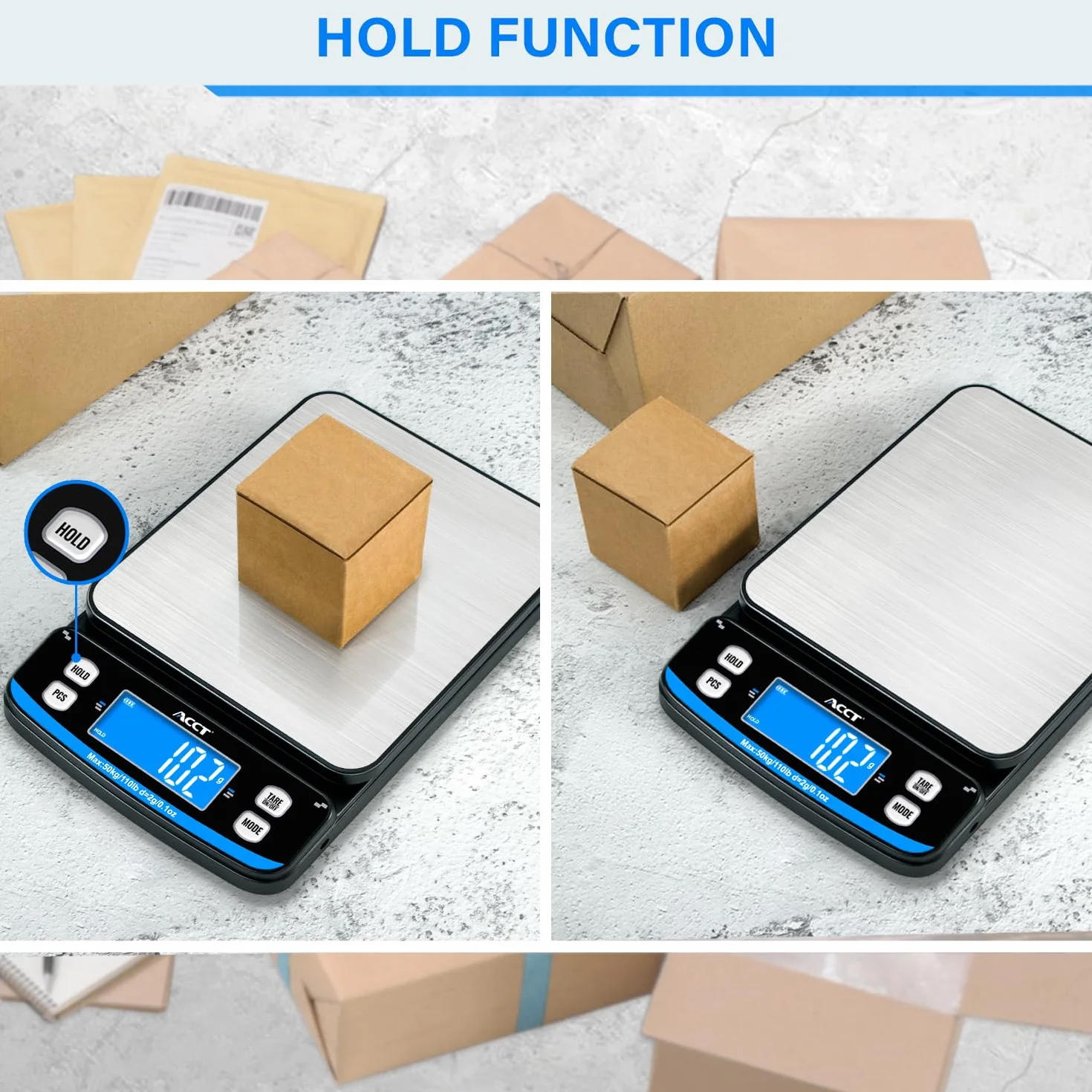 110lb Postal Scale - Balanza de envío de alta precisión con funciones de tara, recuento y retención, 5 unidades