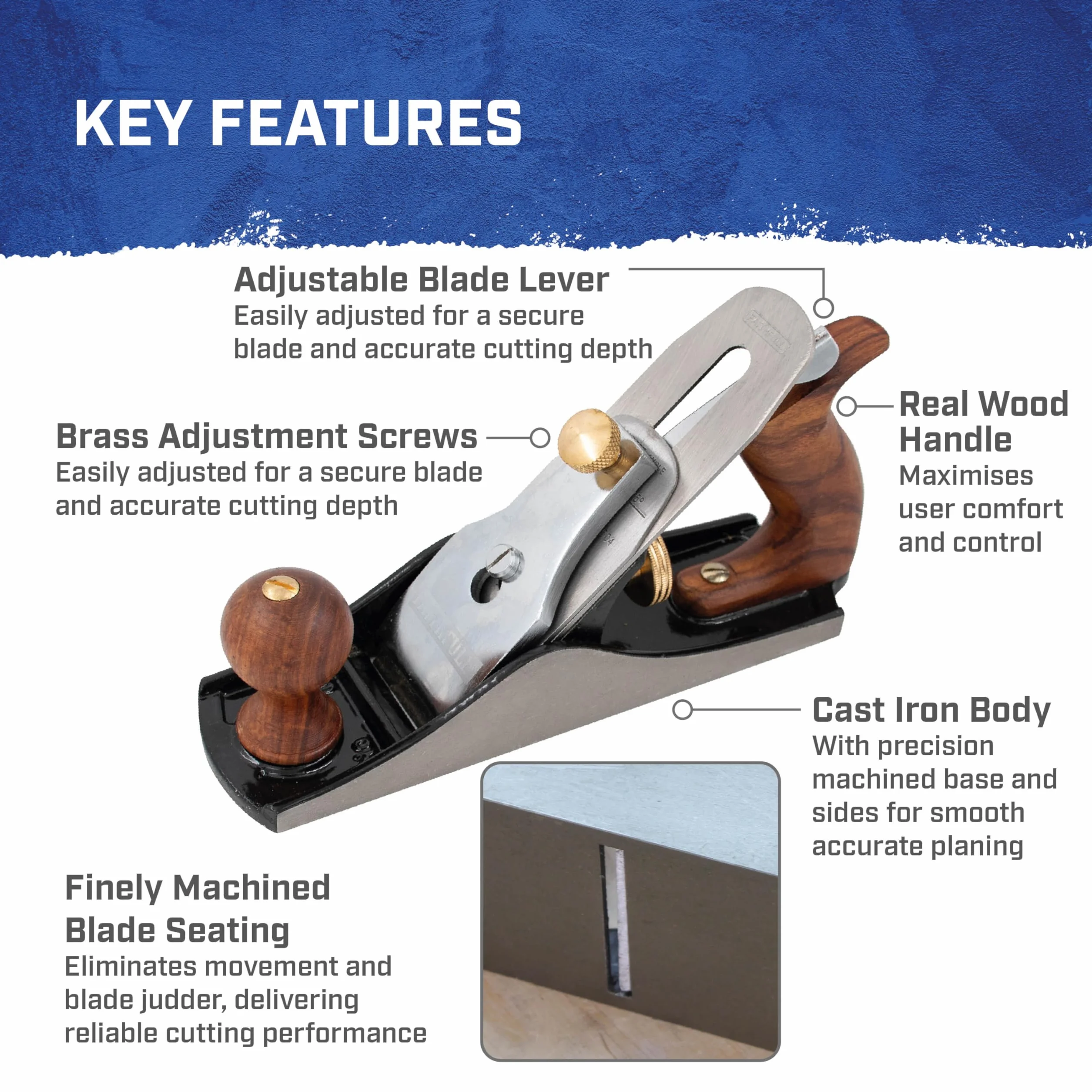 Rabot à lisser Faithfull n° 4 – Rabot à bois en fonte usinée avec précision pour bois durs et tendres, finition de surface, ébénisterie et menuiserie générale