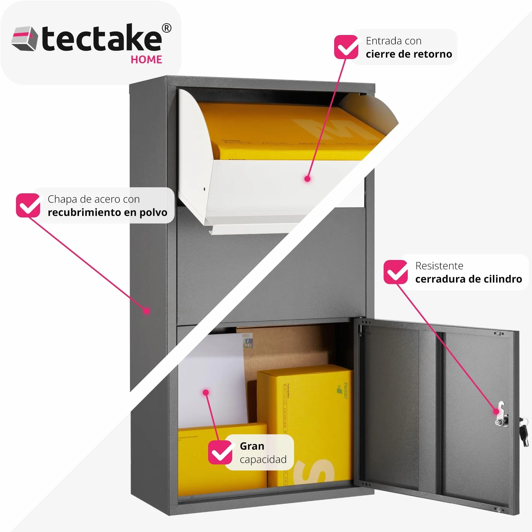 tectake® Buzón Exterior XXL, Buzón para Paquetes y Cartas, Cerradura de Cilindro Antirrobo con 2 llaves, Buzón Correos Premontado, Chapa de Acero, Robusto, Espacioso, 44x22x82 cm, Entrega sin Contacto