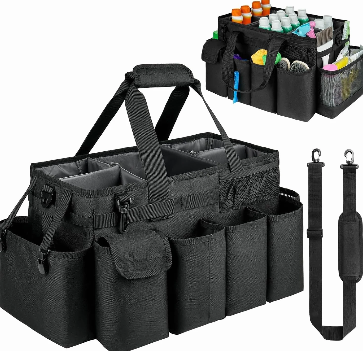 Bolsa de limpieza XL, organizador de suministros de limpieza extra grande con asa para amas de casa, color negro