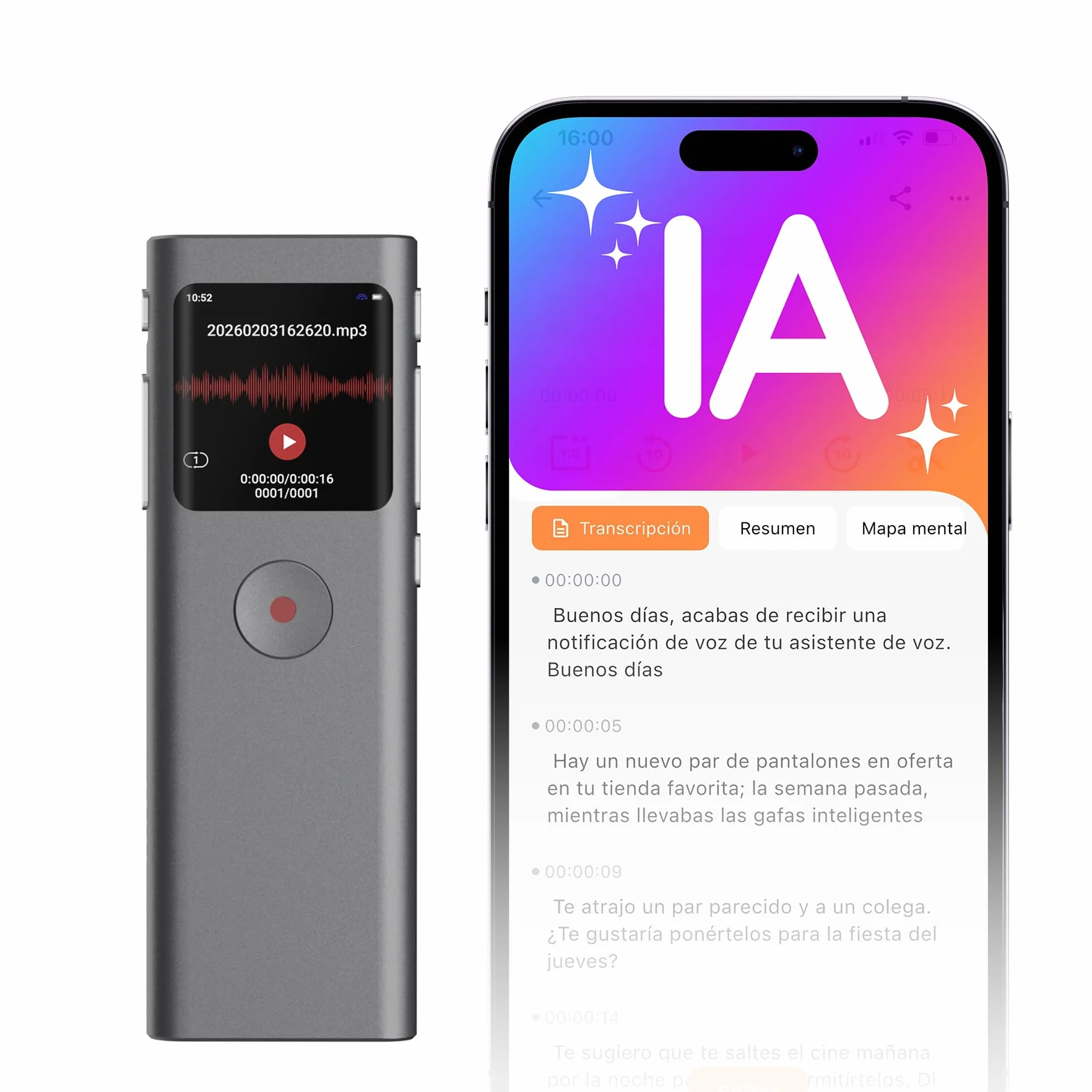 Grabadora de Voz IA 64 GB con Transcribe y Resume, Activada por Voz, Control de App, Reducción de Ruido Automática