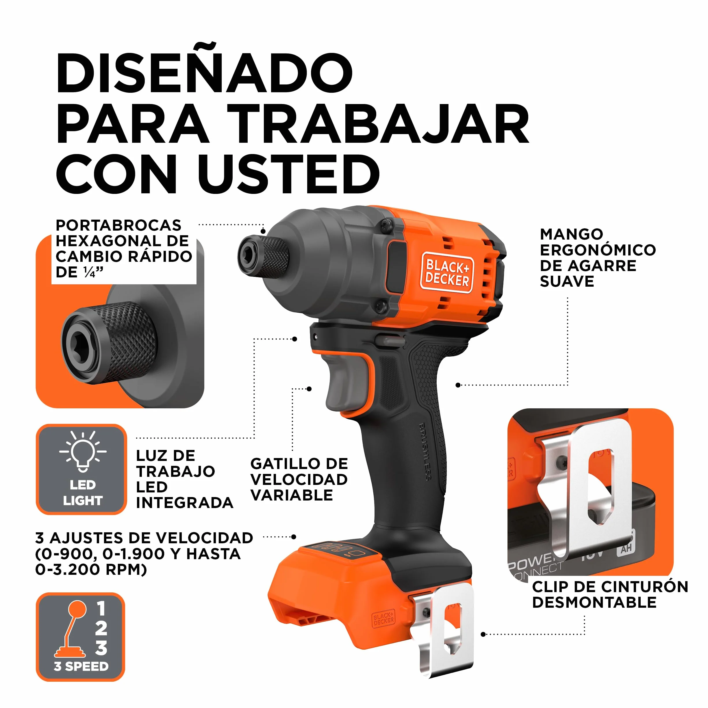 BLACK+DECKER Destornillador de impacto sin escobillas, unidad desnuda llave de impacto inalámbrica y 20 brocas, sin batería ni cargador, BLIM78NZ-XJ