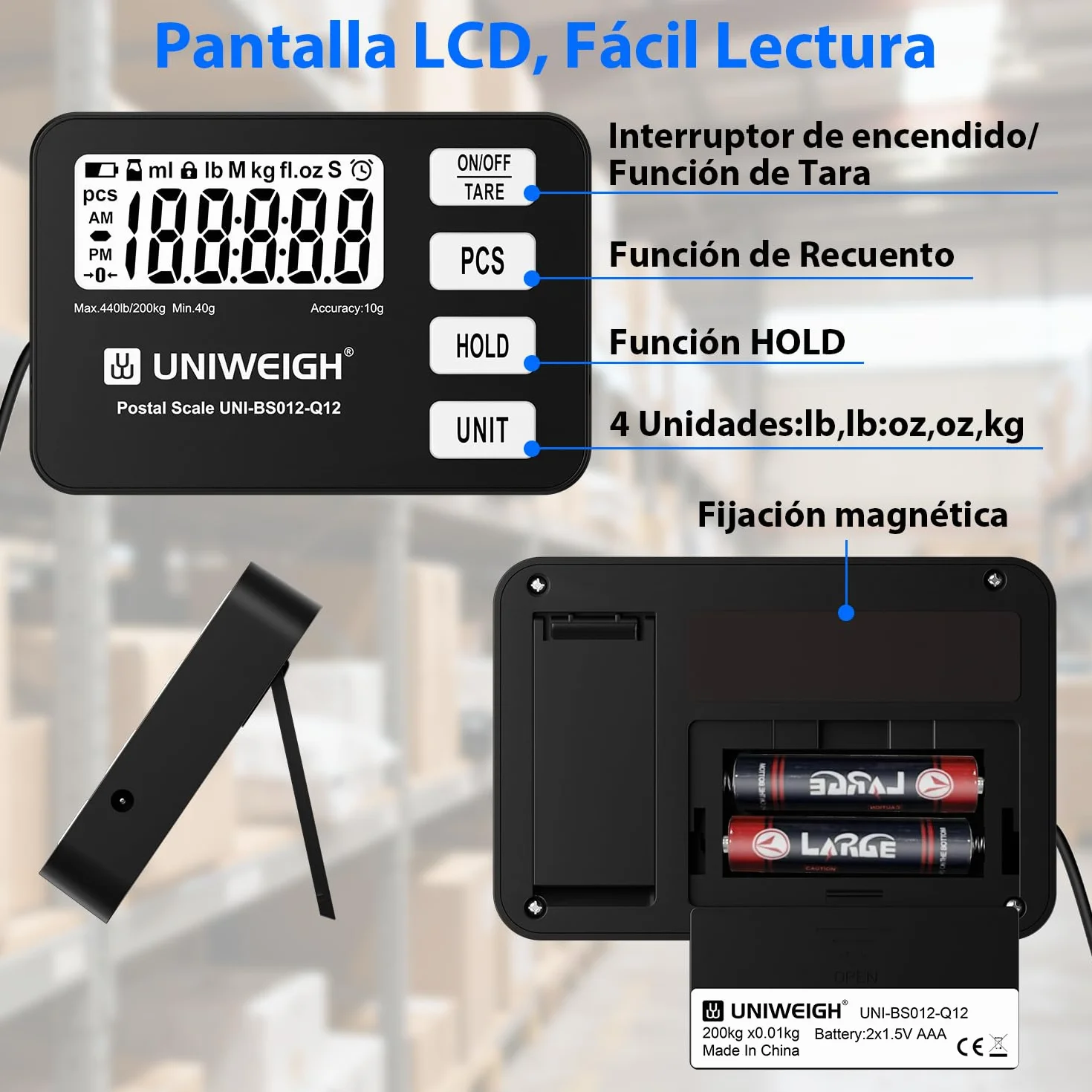 UNIWEIGH Báscula para paquetes 200 kg/10 g precisión digital con función PCS/retención/tara plataforma