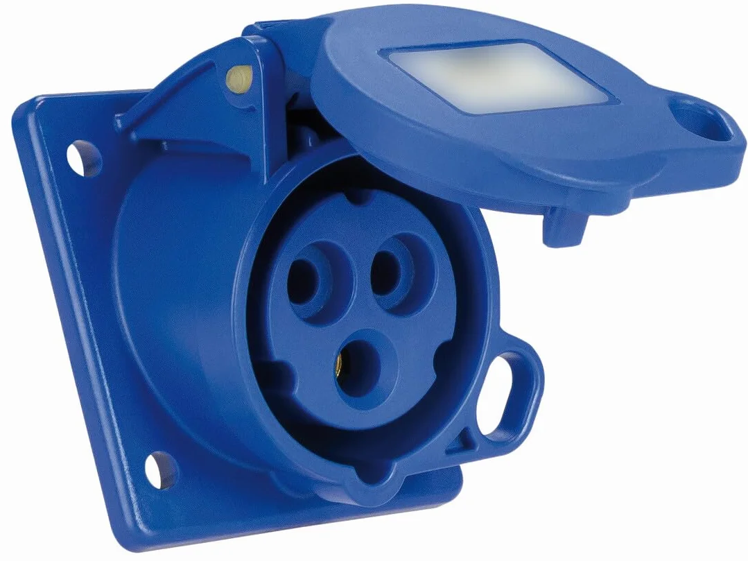 Base empotrable 2P+T 16A 230V, Color Azul, Ideal para instalaciones eléctricas en Interiores y Exteriores.