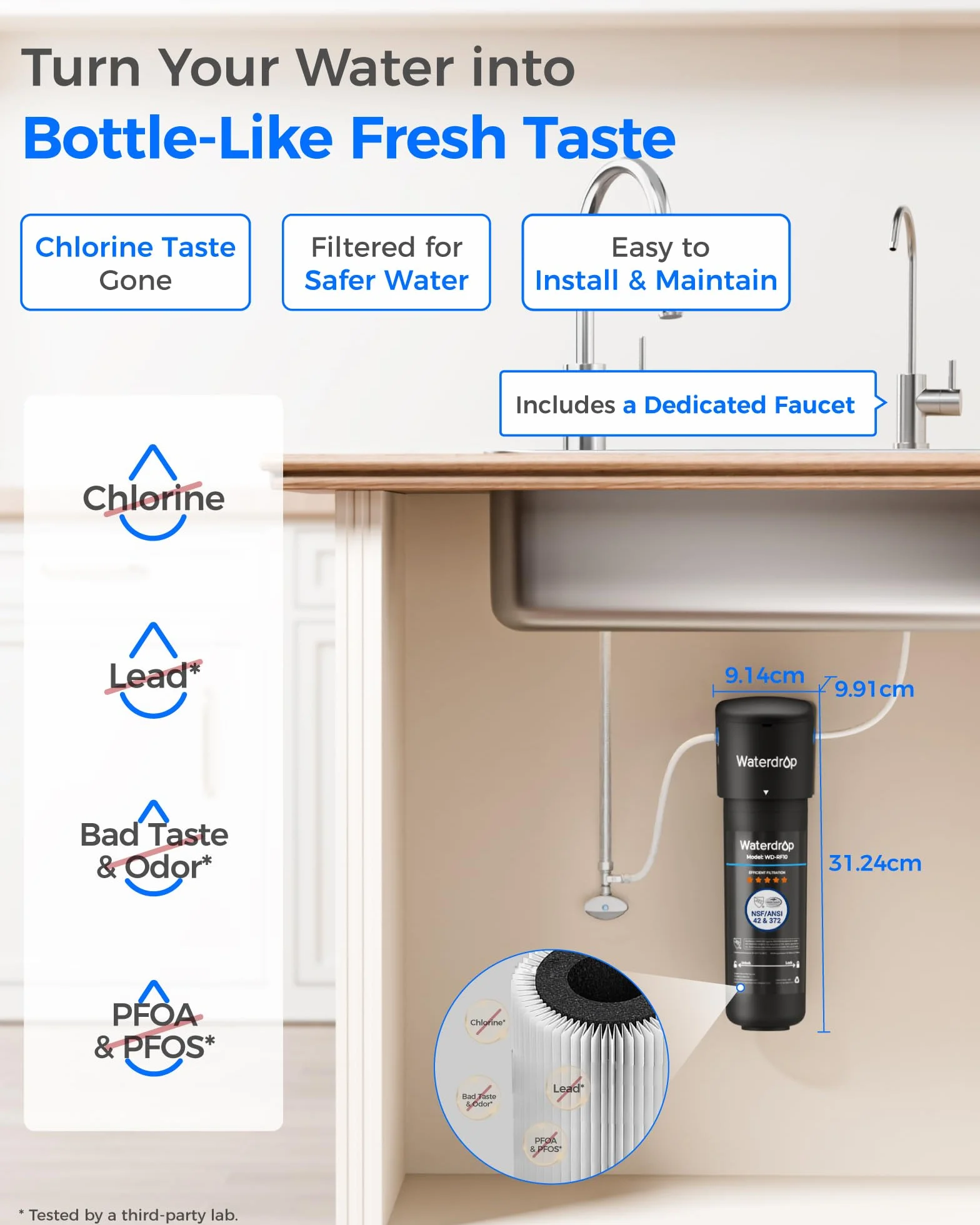 Waterdrop 10UB Sistema de Filtro de Agua para Debajo con Grifo Dedicado, 11000 Galones Filtro de Cocina Alta Capacidad, Certificado NSF/ANSI 42, Reduce el 99,99% de Plomo, Cloro, Mal Sabor