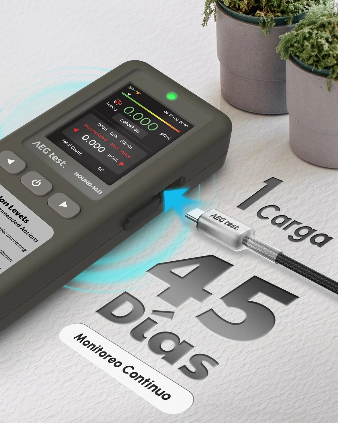 HOUND-1011 Detector de radón portátil para hogar, Ligero, Sensor de Alta precisión, 45 días, fácil de Usar, para mediciones a Corto y Largo Plazo en pCi/L o Bq/m³, para sótano – Gris
