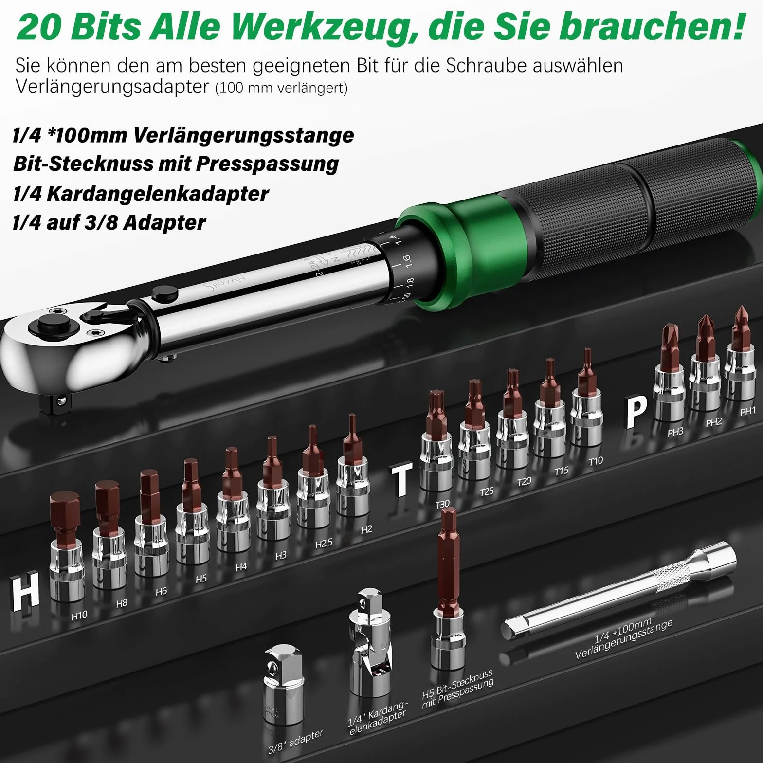 Llave Dinamometrica Bicicleta, Llaves de Carraca 1/4 Pulgadas 2-24 Nm, Carraca Reversible de 72 Dientes, Precisión de ± 3% de Error, Lncluye Adaptador de 3/8", Puntas Phillips Hex y Torx.