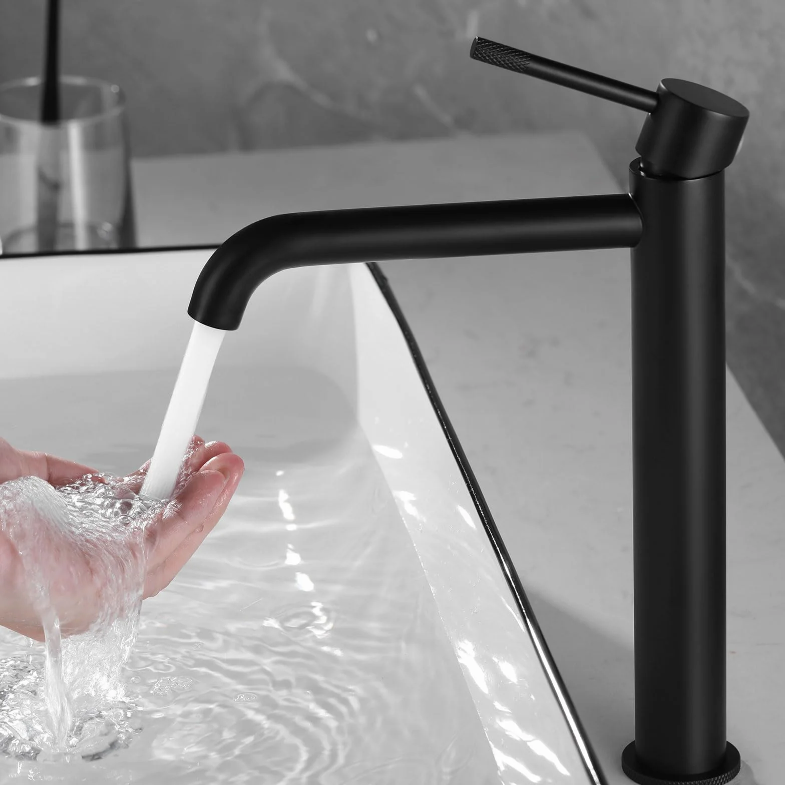 PHASAT Grifo para Lavabo de Baño Negro Alto, Grifo Monomando Lavabo de 304 Acero Inoxidable, Grifo Mezclador de Lavabo PTMP22B
