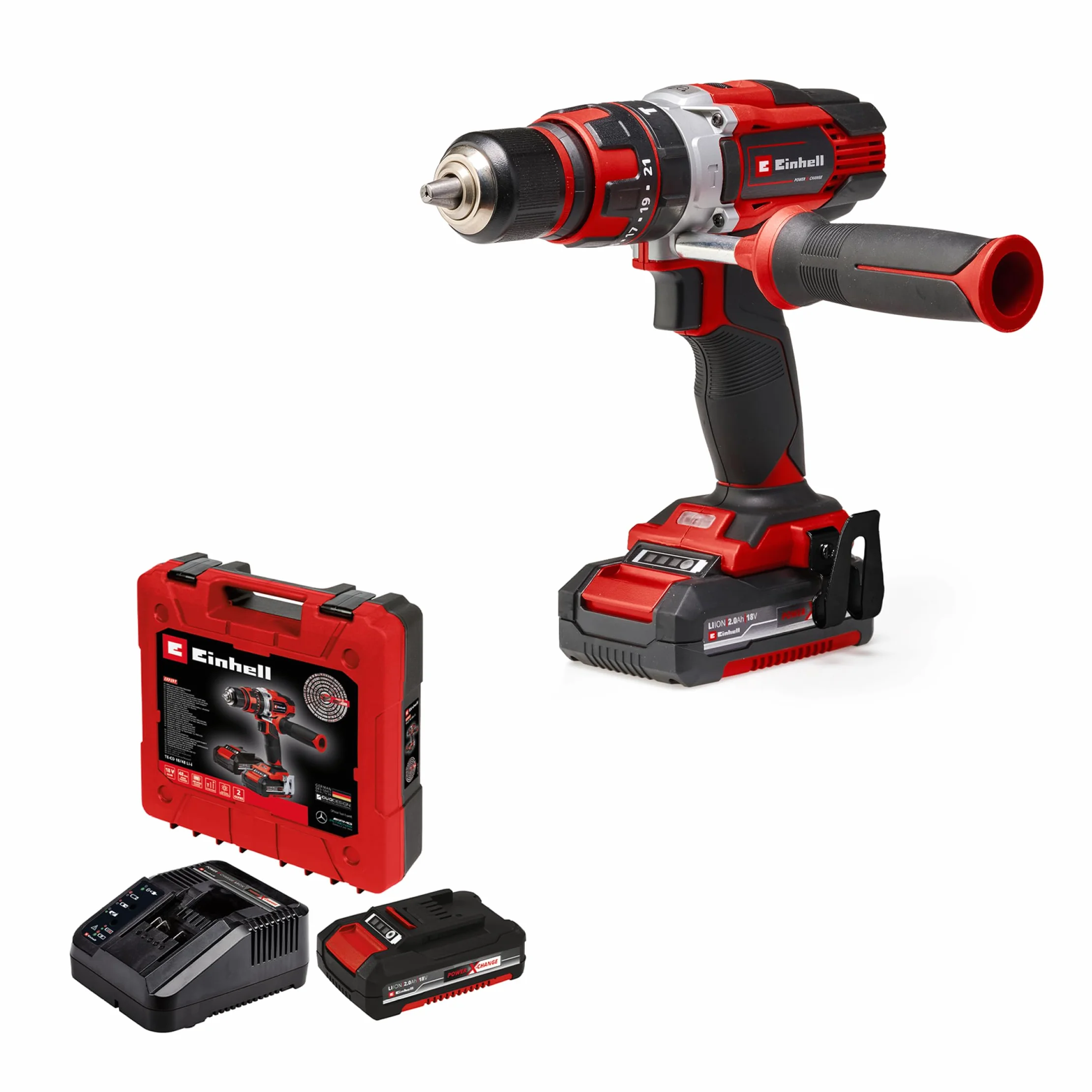 Einhell Taladro percutor sin cable TE-CD 18/48 Li-i (2x2,0 Ah) Power X-Change (iones de litio, incluye función de taladro de percusión, incluye 2 baterías de 2,0 Ah PXC, cargador y maletín)