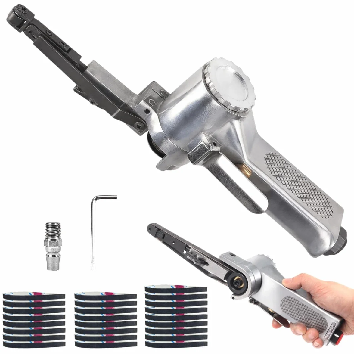 Mini Lijadora Manual de Banda con Mango Giratorio 360°, Pulidora Pequeña, Herramientas Neumáticas, Ideal para Mantenimiento de Equipos y Limpieza de Superficies