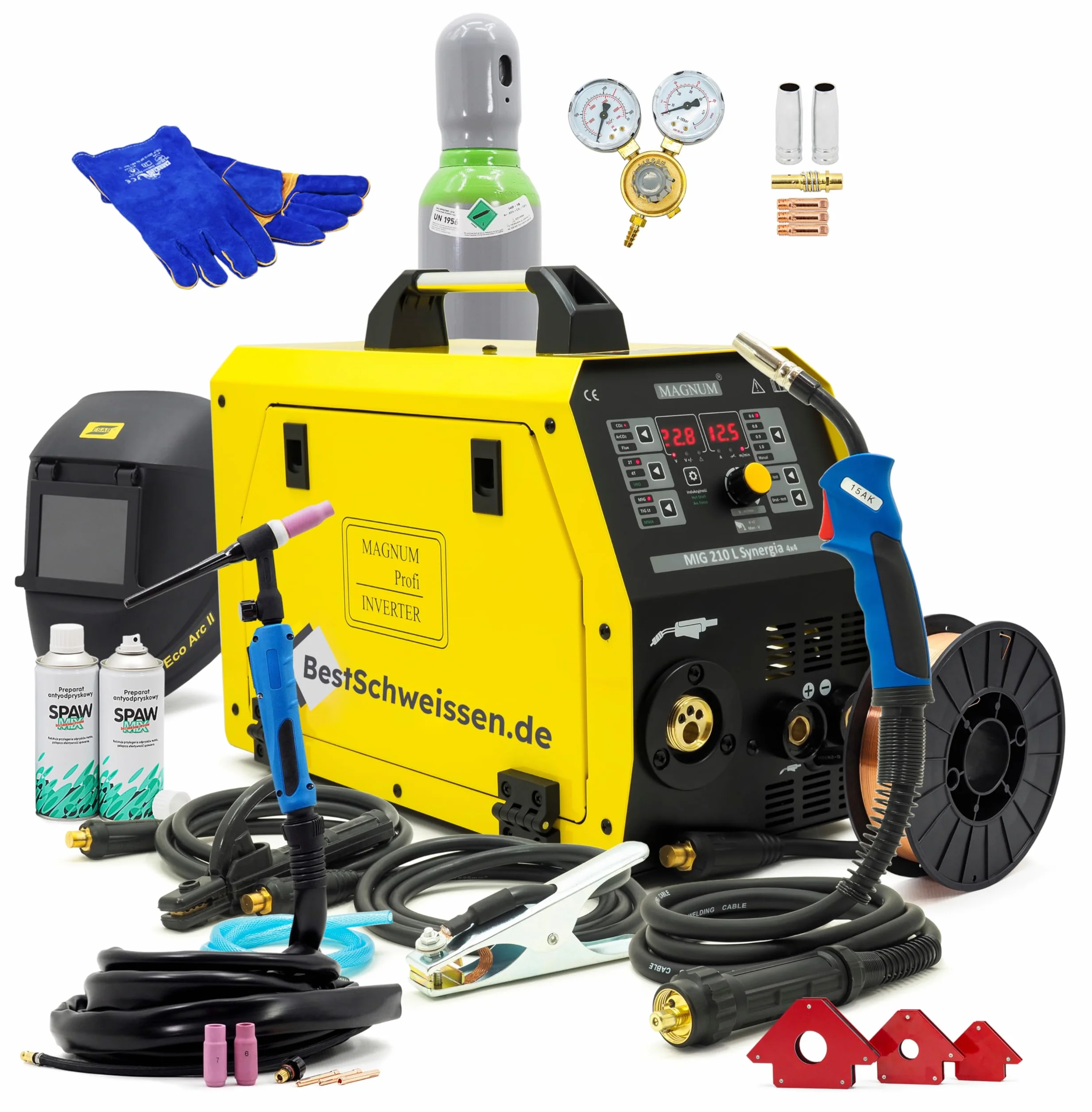 Soldador MIG MAG con Gas sin Gas MAGNUM 210L - Soldador Hilo MIG 200A - Soldadora TIG Antorcha SR-17V 4m - Soldador Inverter TIG MMA - Kit Completo Botella Casco Escuadras Magnéticas (Set 2)