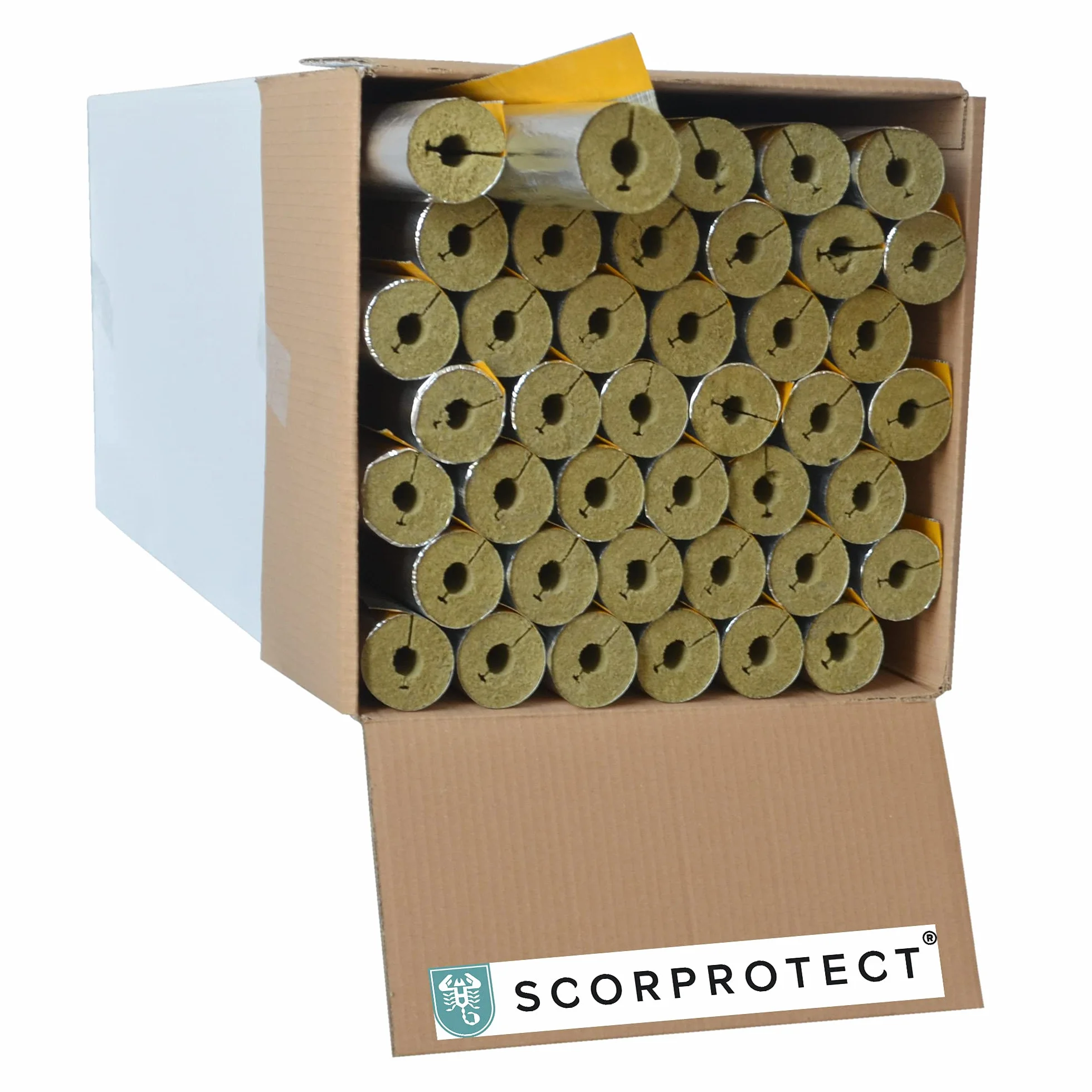 Scorprotect® Caja de cartón completo con revestimiento de aluminio, aislamiento de tuberías, lana de roca con conductividad térmica 0.040 (lana de roca, 18 x 20 mm x 1 metro)