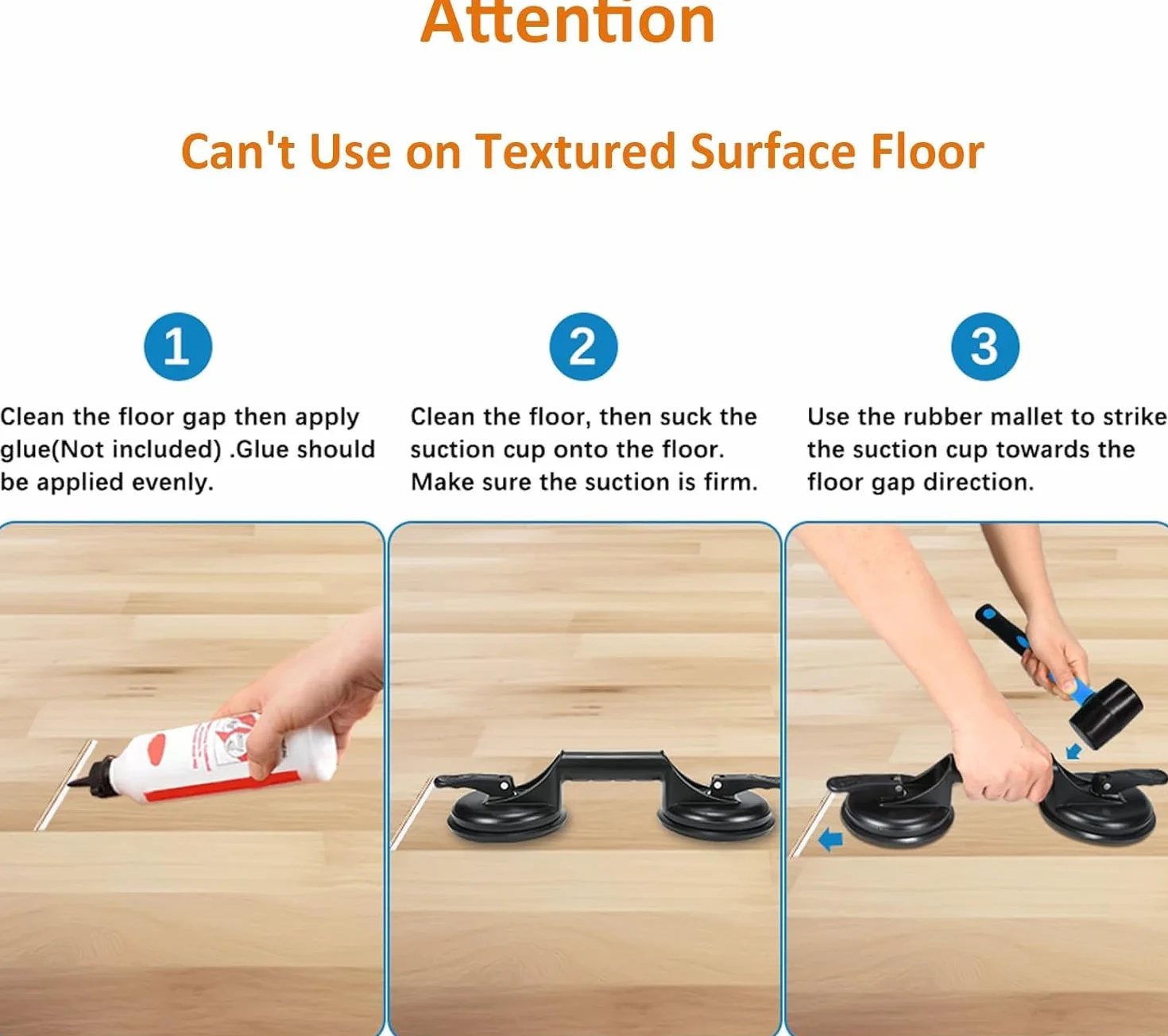 Fijador de huecos de piso para herramienta de reparación de huecos de suelo laminado, incluye ventosa de aluminio resistente y mazo de goma con mango de fibra de vidrio (no se puede utilizar en suelos