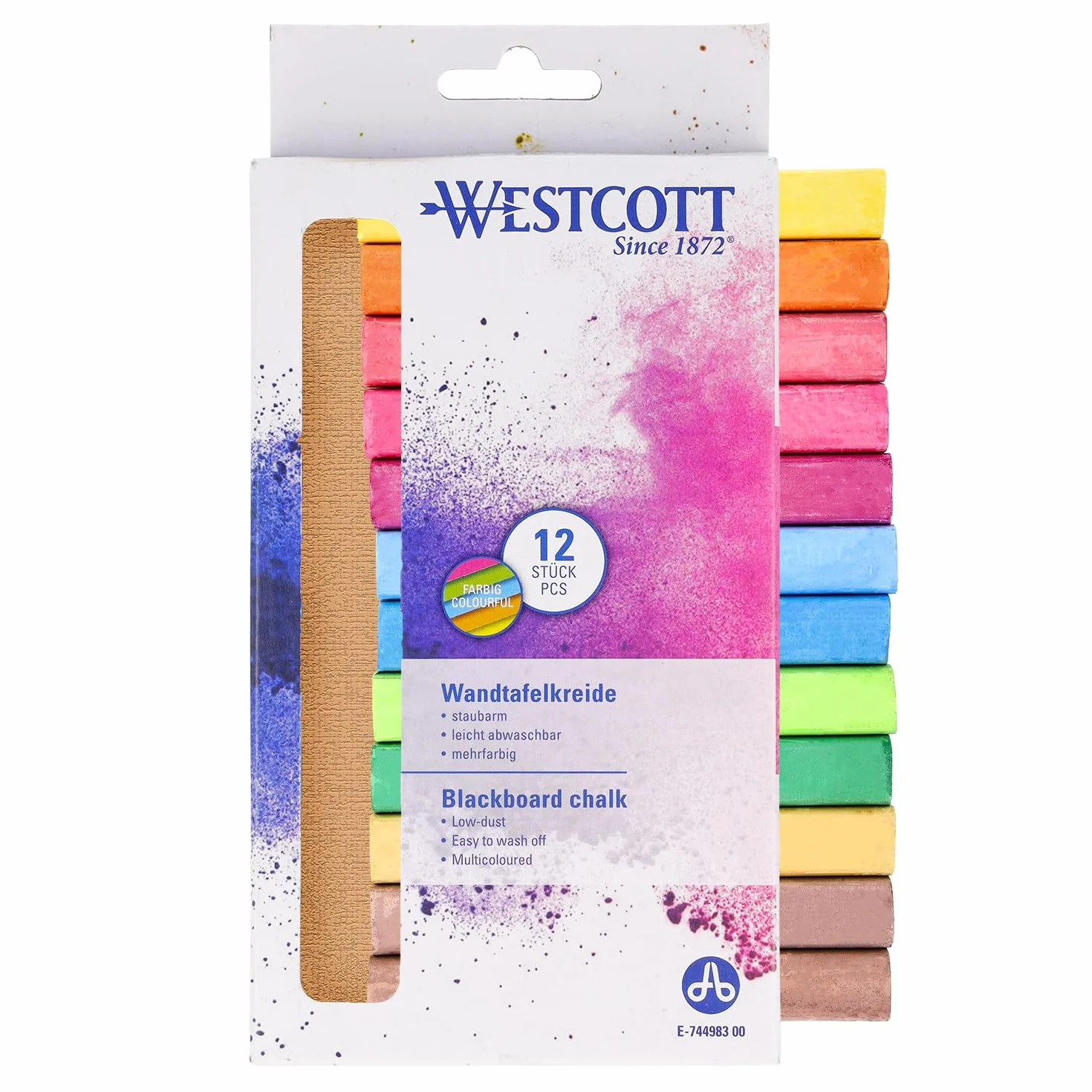 Westcott tiza 12 piezas colores brillantes 1,2cm ⌀ 8,5cm palos poco polvo