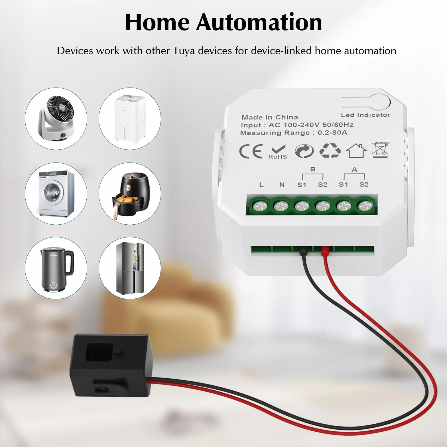 eMylo - Medidor de potencia WiFi de 2 canales 80 A + 80 A, monitor de potencia inteligente con amperímetro de abrazadera, WiFi de 2.4 GHz, monitoreo en tiempo real, aplicación Smart Life/TUYA,
