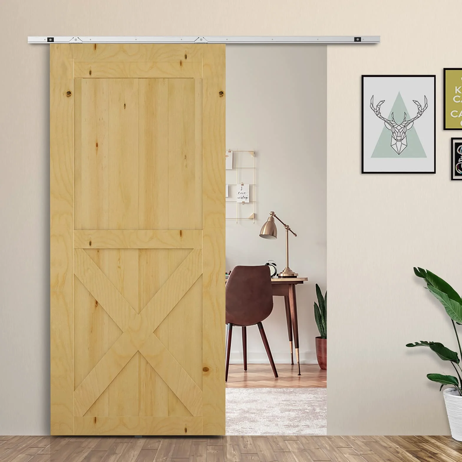 HOMCOM Herraje para Puerta Corredera 186 cm Kit de Accesorios para Puerta Corrediza de Madera con Riel de Metal y 2 Poleas Plateado